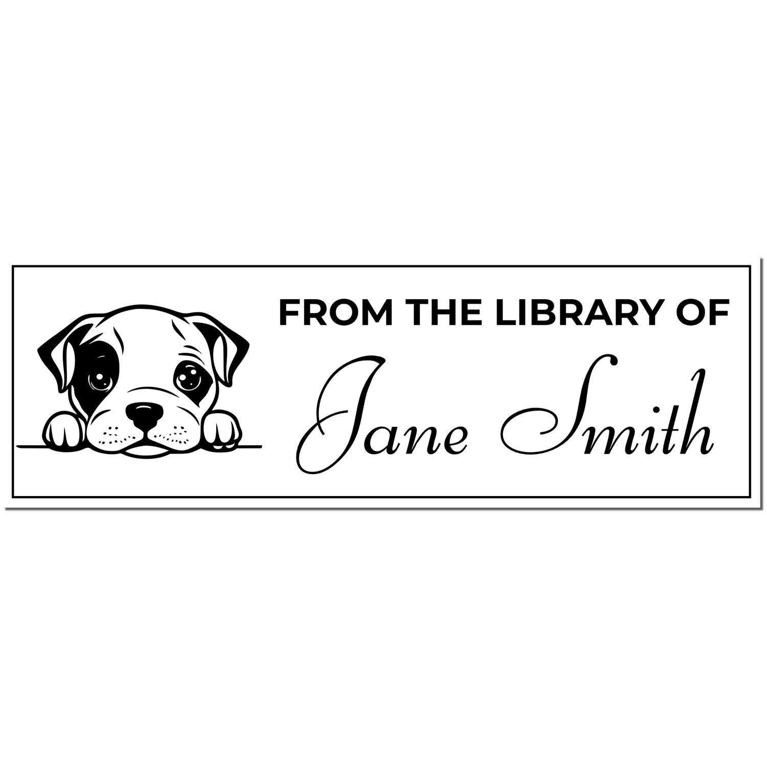 Black-and-white custom library book stamp with puppy illustration and text From the Library of Jane Smith