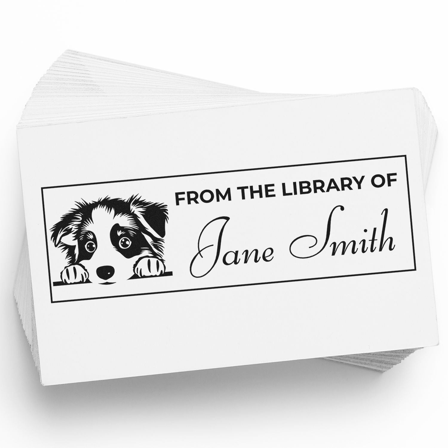 Black custom library stamp on white cards with puppy graphic and From the Library of Jane Smith text