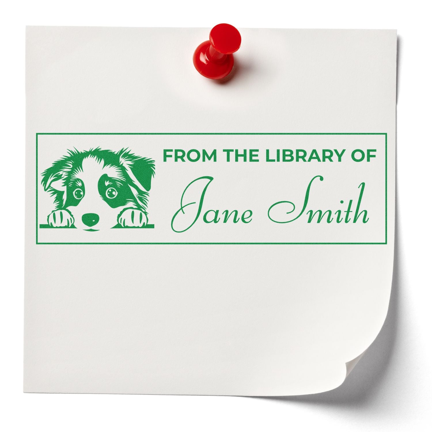 Red stamp on white paper with green custom library seal, dog graphic, and Jane Smith name.