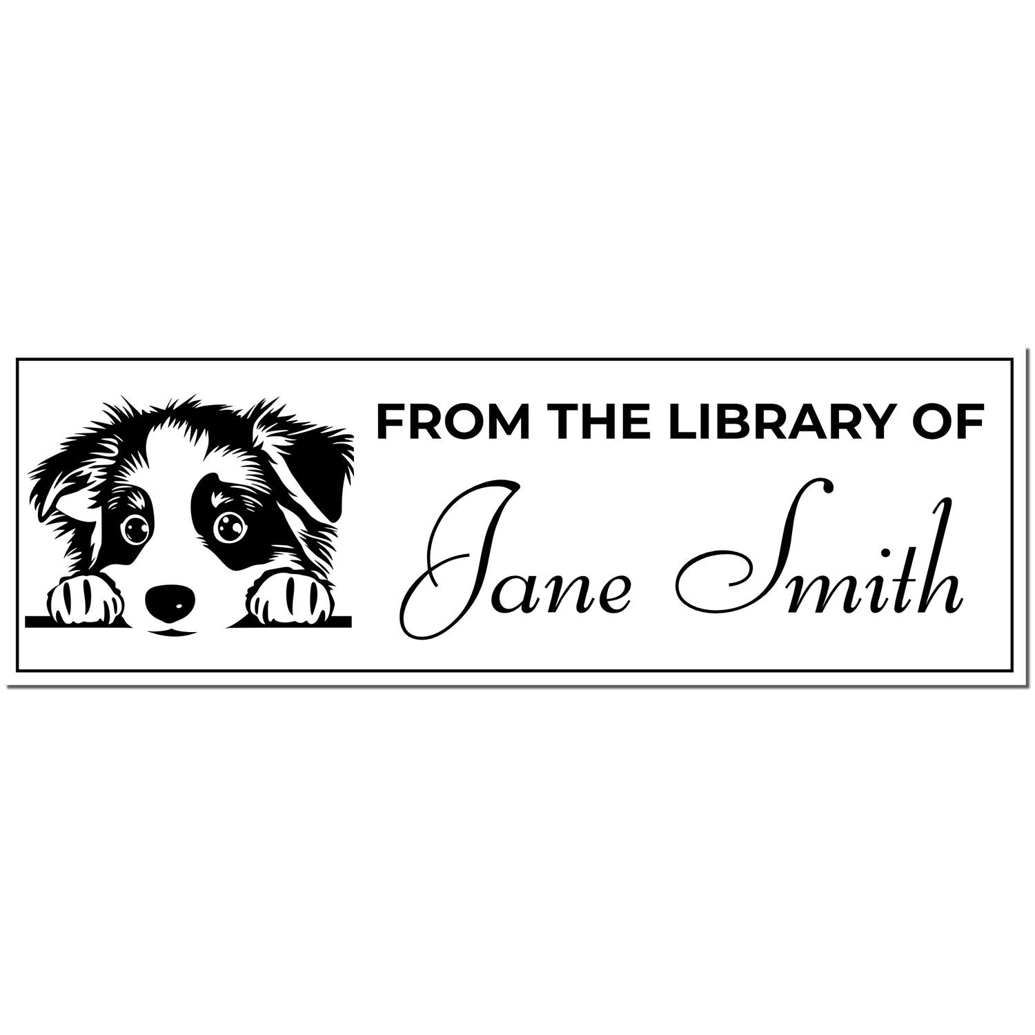 Black custom library stamp with puppy peeking over border and From the Library of Jane Smith text on white background.
