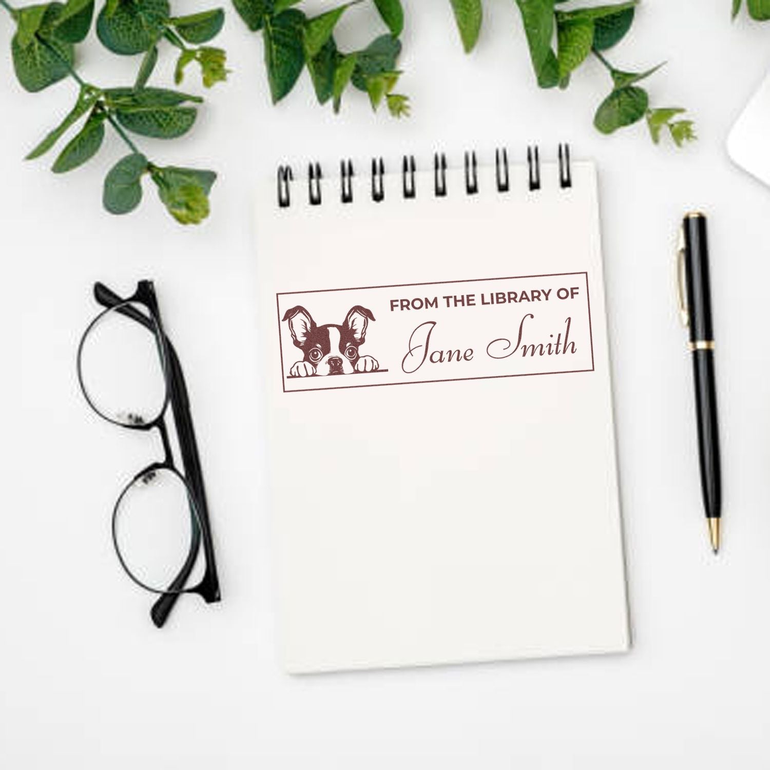 Wood Handle Boston Terrier Personalized Ex Libris Stamp