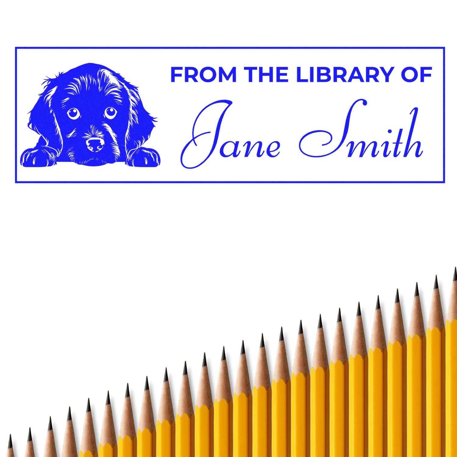 Blue library stamp seal with puppy icon and From the Library of Jane Smith text, above yellow pencils.