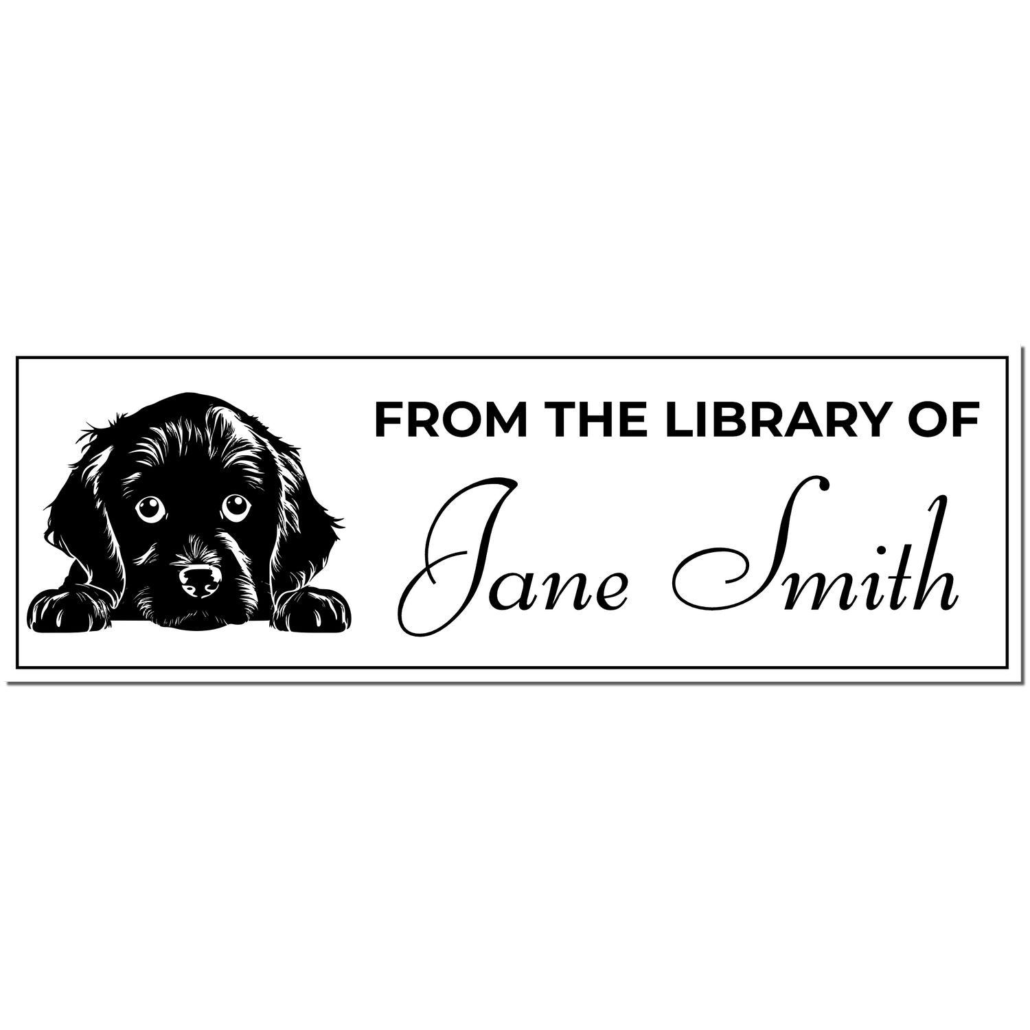 Black personalized library stamp with puppy illustration and From the Library of Jane Smith on a white background.