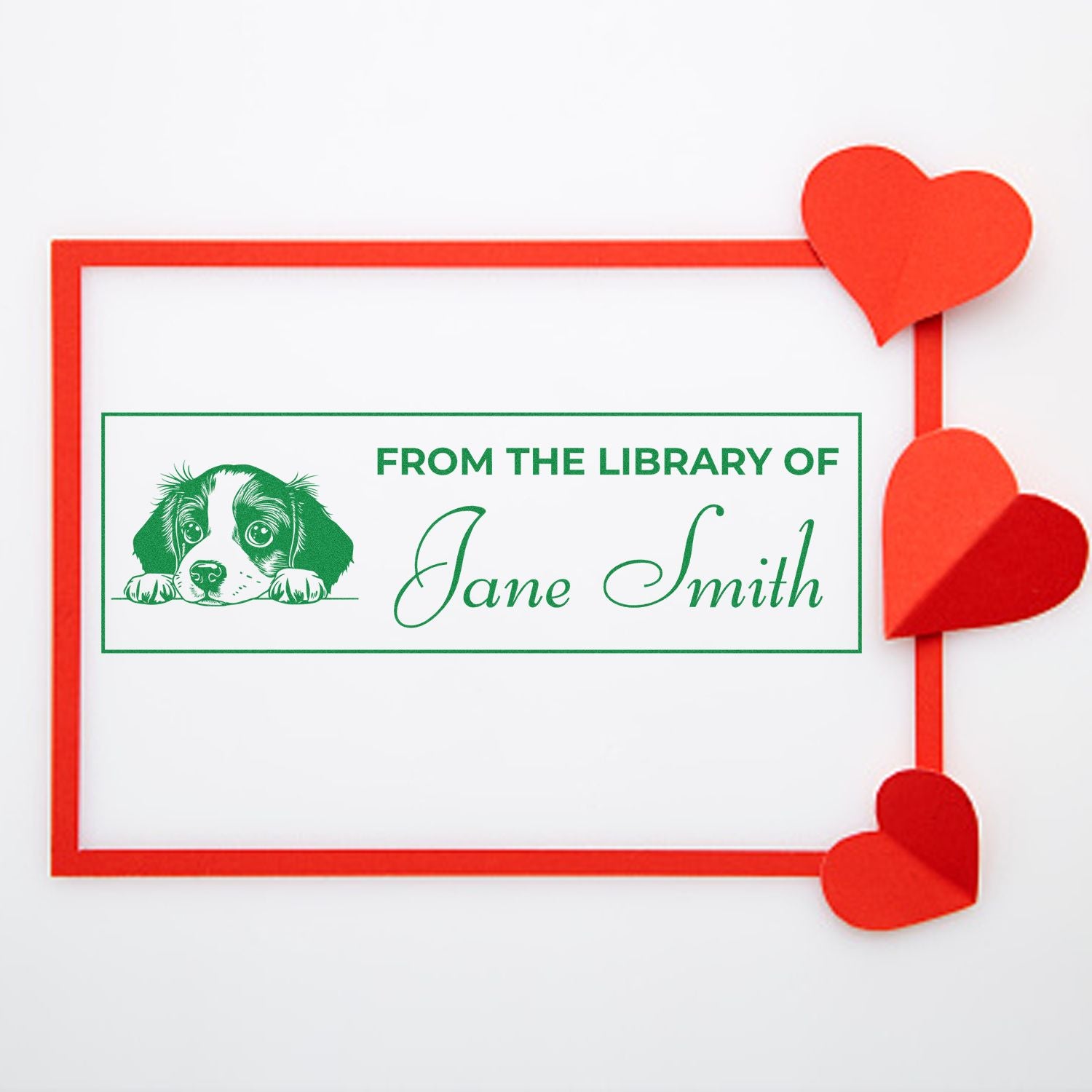 Custom green library stamp and seal with puppy illustration, Jane Smith text, and red heart accents on white background.