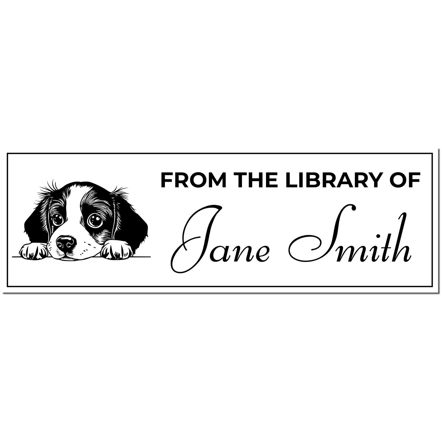 Black-and-white custom library stamp with puppy illustration and From the Library of Jane Smith text.