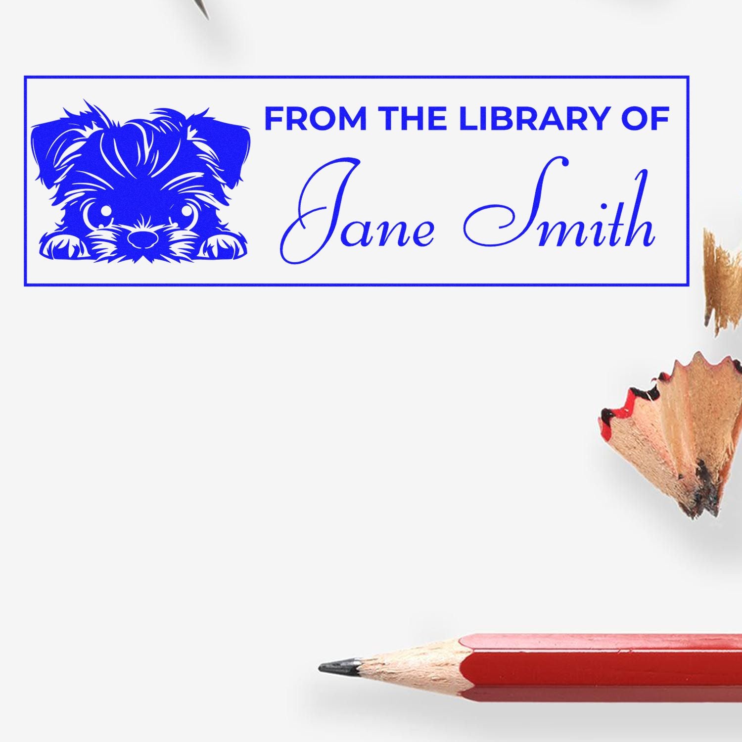 Blue custom library stamp seal with puppy illustration and Jane Smith text on a white background