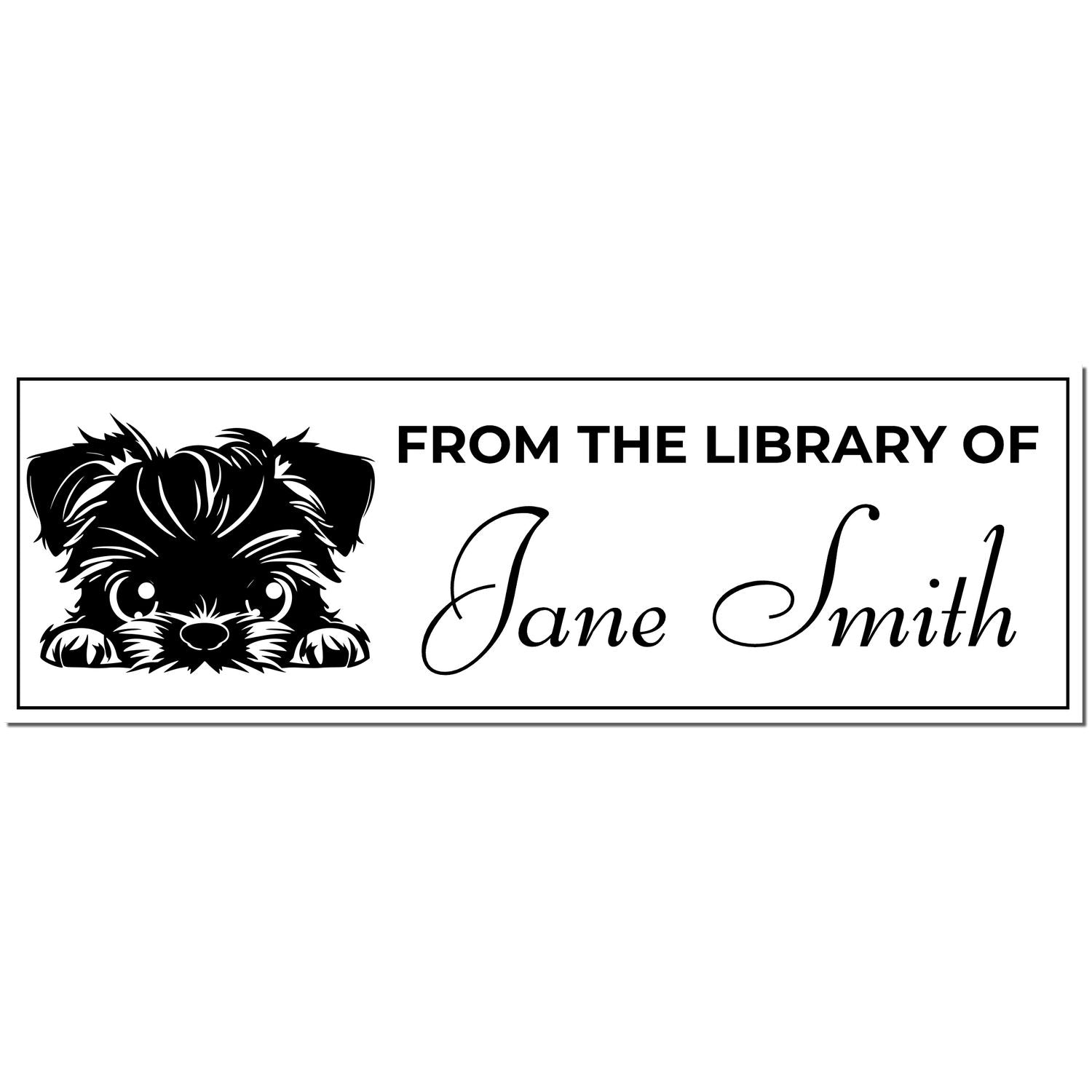 Black-and-white library stamp seal with a puppy illustration and personalized text: From the Library of Jane Smith.