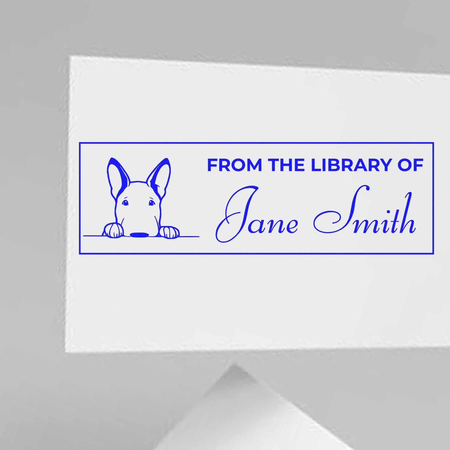 Blue custom library stamp/seal with peeking dog illustration and Jane Smith name on white paper