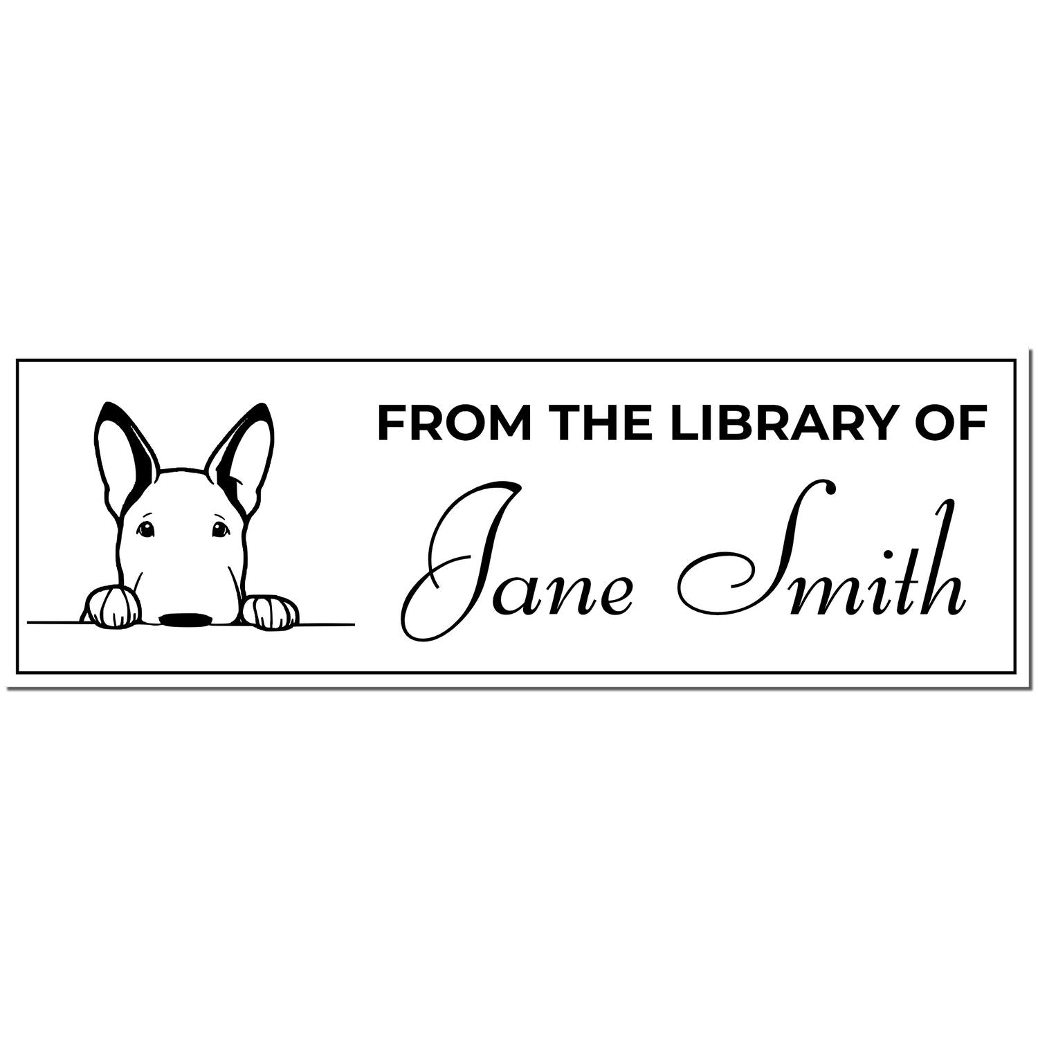 Black-and-white library stamp seal with dog illustration and text From the Library of Jane Smith.