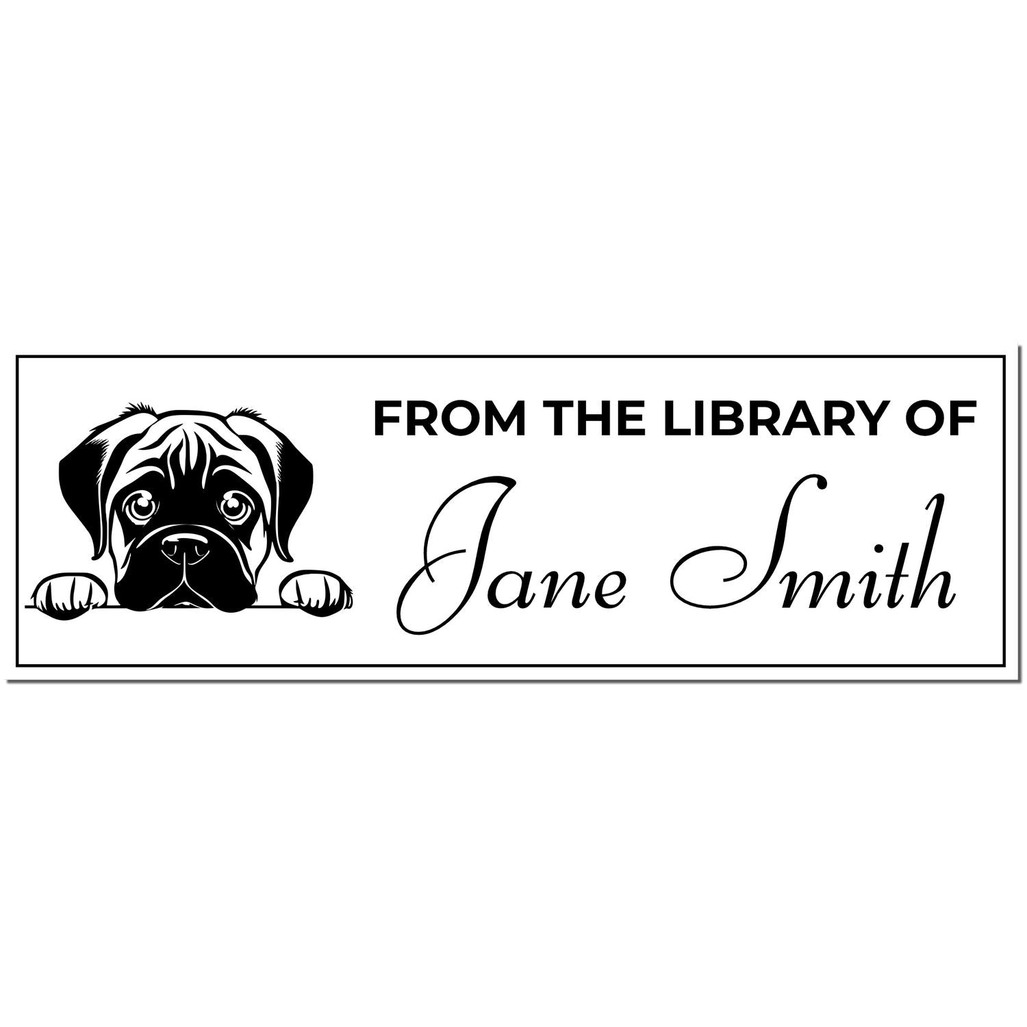 Black-and-white custom library stamp seal with a dog illustration, From the Library of, and the name Jane Smith.