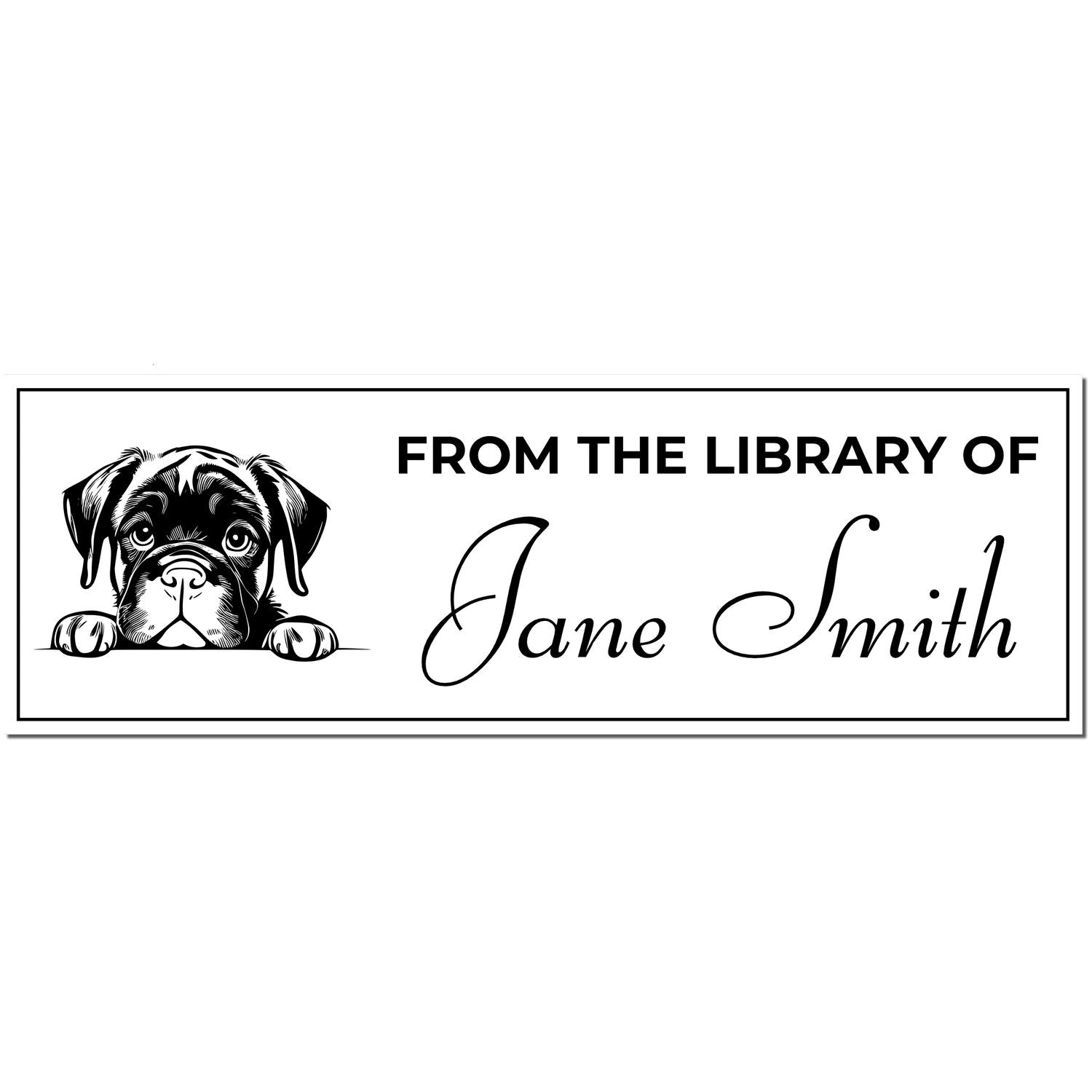 Black and white library stamp seal with a puppy illustration and the text From the Library of Jane Smith.