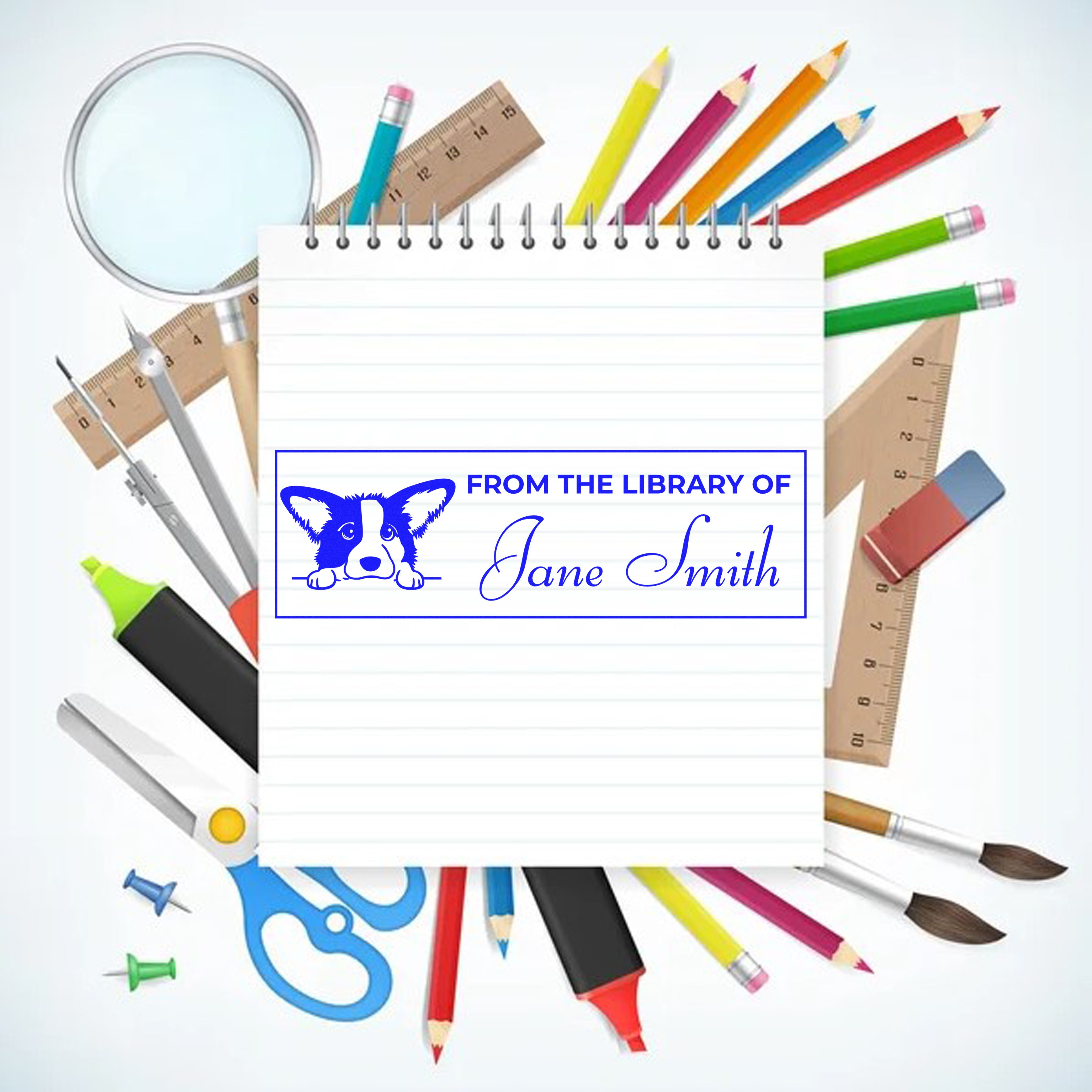 Custom blue stamp and seal for Jane Smith with corgi, framed by colorful pencils, rulers, scissors, and magnifier.
