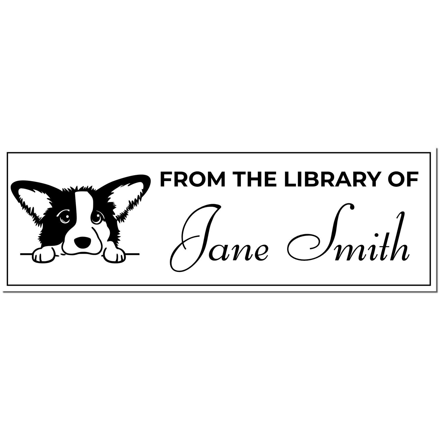 Black-and-white rectangular library stamp and seal with a corgi and From the Library of Jane Smith text.