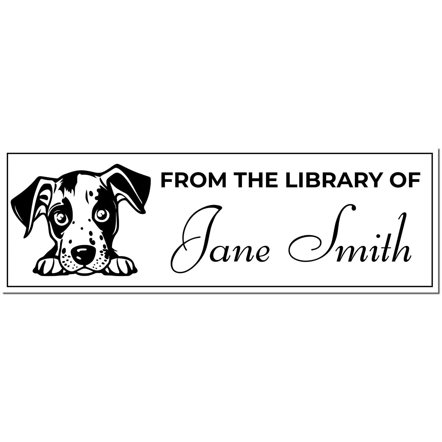 Black-and-white self-inking library stamp with dog illustration and From the Library of Jane Smith text.