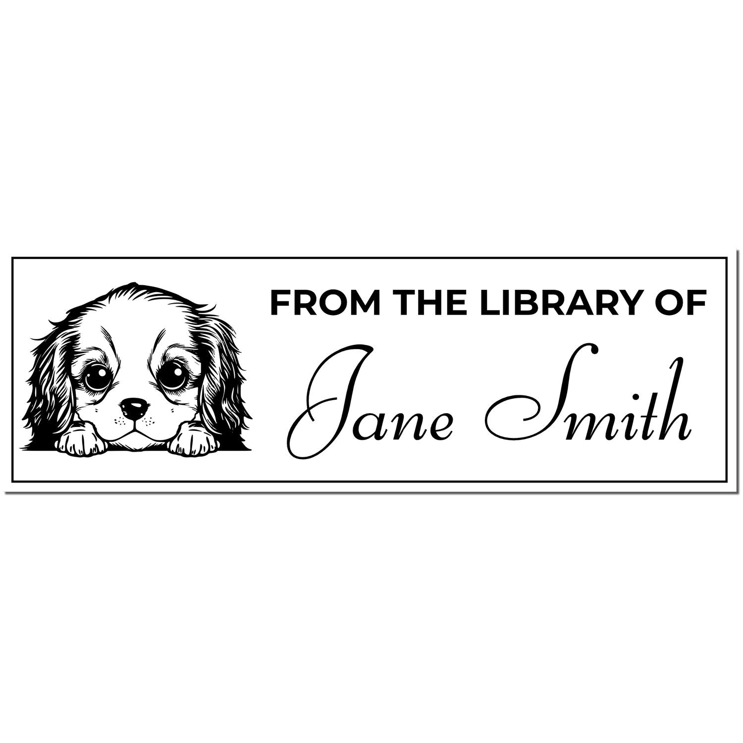 Black-and-white custom library stamp with puppy illustration and text FROM THE LIBRARY OF Jane Smith in a rectangular border.