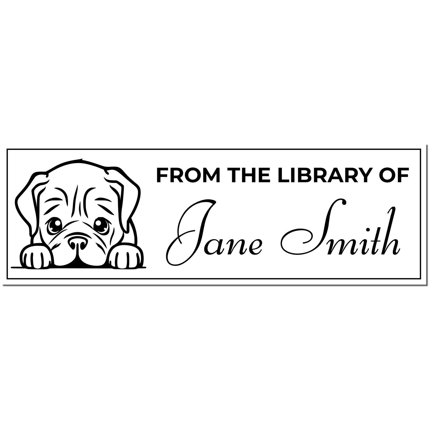 Custom black-and-white library book stamp with puppy illustration and From the Library of Jane Smith text.