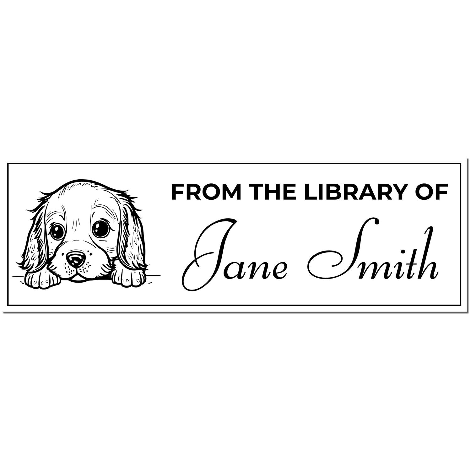 Black-and-white personalized library stamp with puppy illustration and From the Library of Jane Smith text.