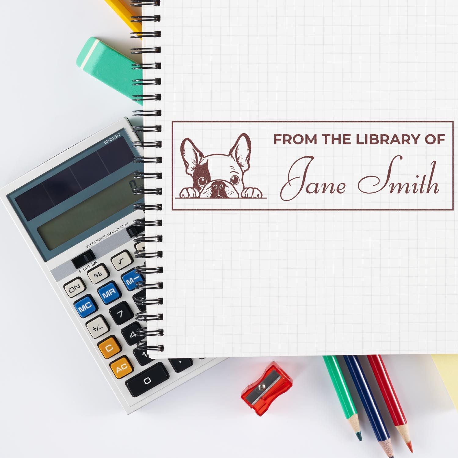 Wood Handle French Bulldog Personal Library Stamp - Engineer Seal Stamps