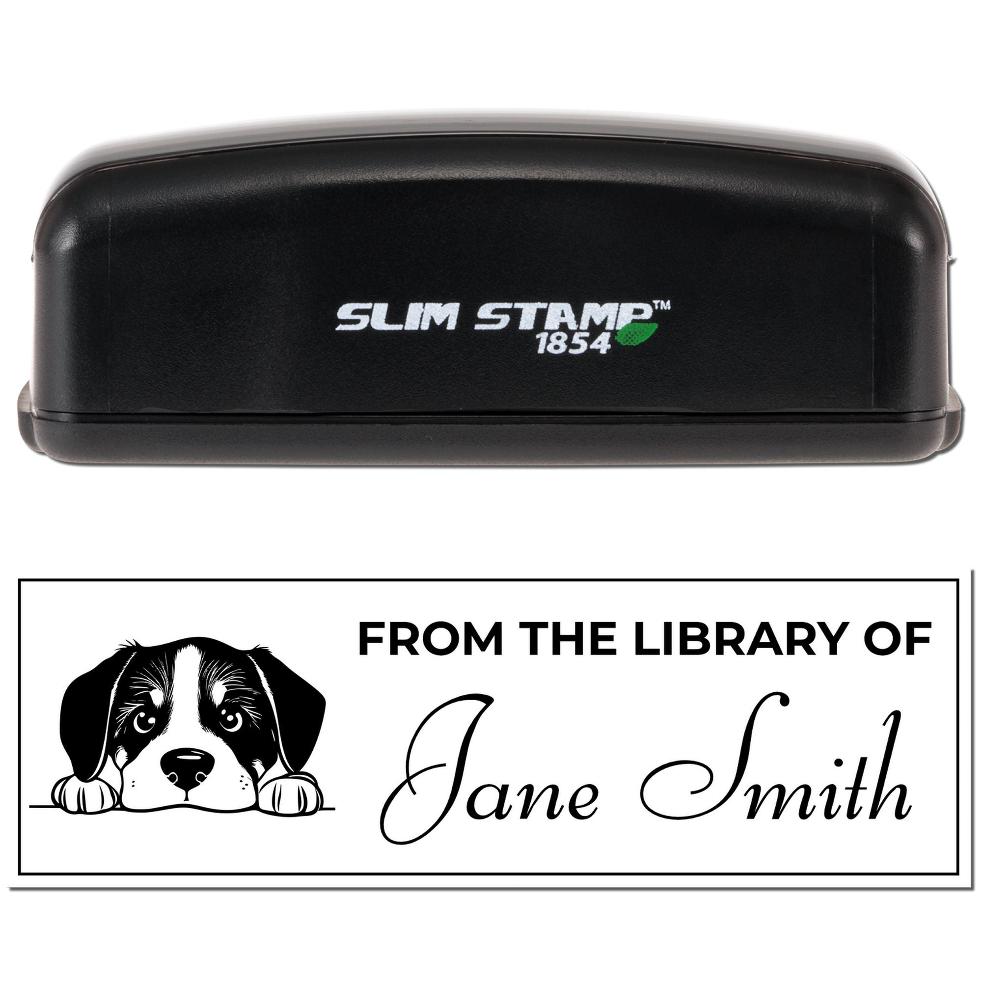 Black Slim Stamp 1854 self-inking stamp with custom library seal reading From the Library of Jane Smith and a puppy graphic.