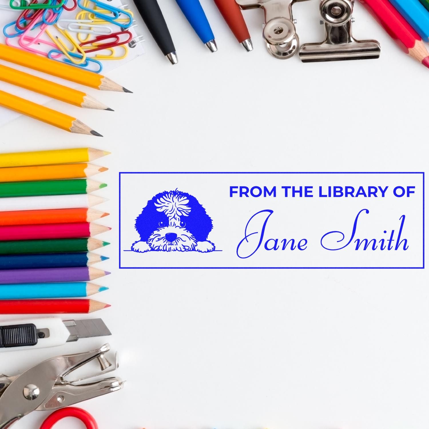 Wood Handle Portuguese Water Dog Kids Book Stamp With Name - Engineer Seal Stamps