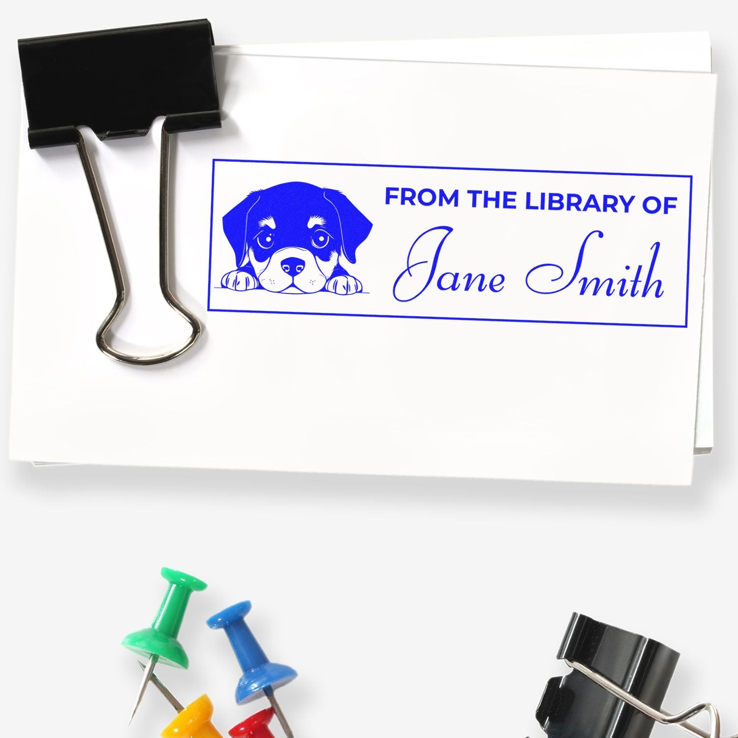 Blue custom library stamp and seal on white paper, held by a black binder clip, with colorful push pins below.