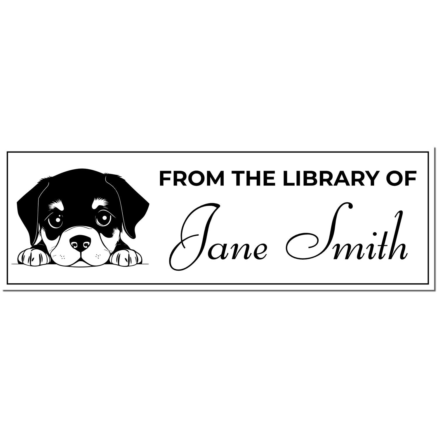 Black-and-white library stamp with puppy illustration and From the Library of Jane Smith text in script.