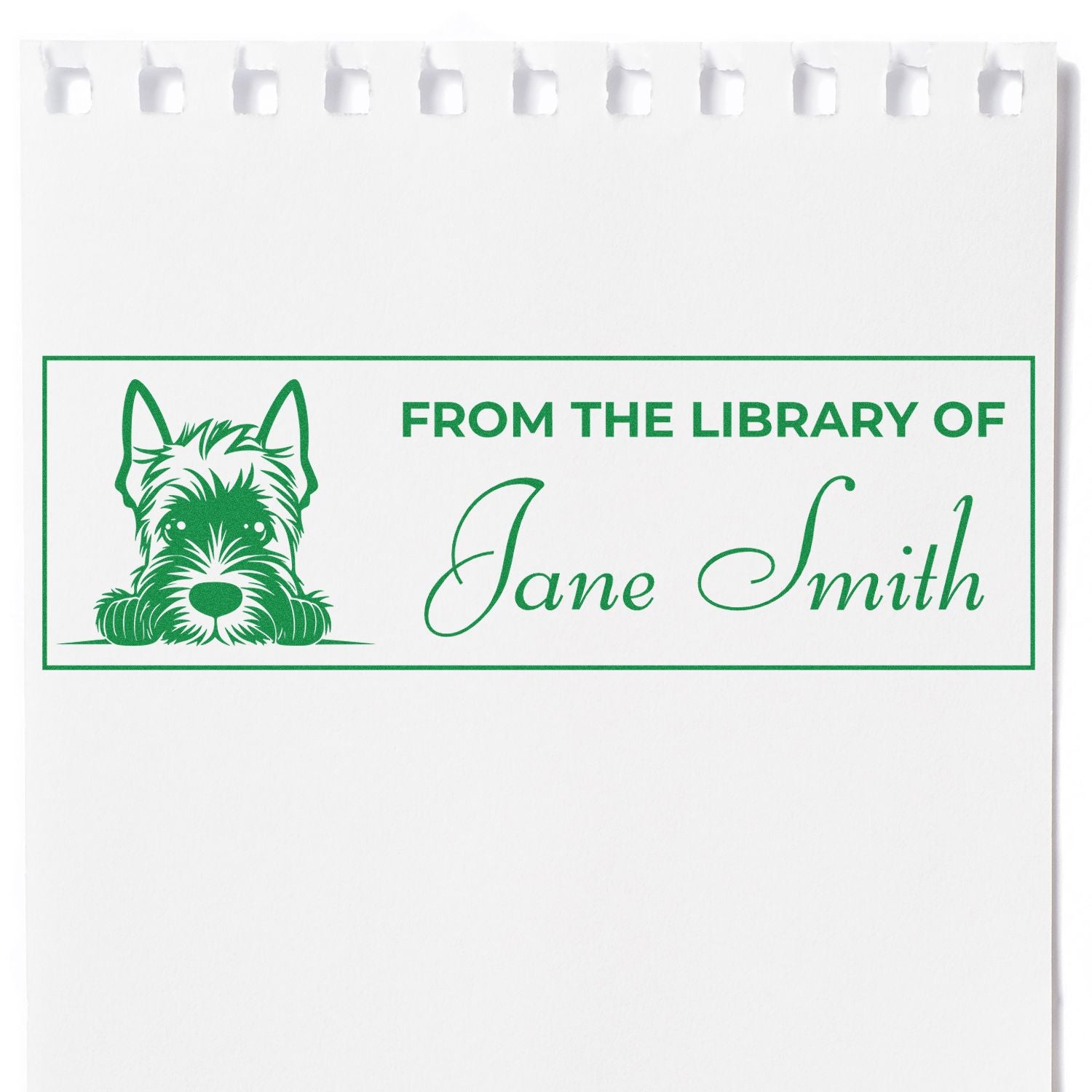 Green custom library stamp with dog illustration and From the Library of Jane Smith on white paper