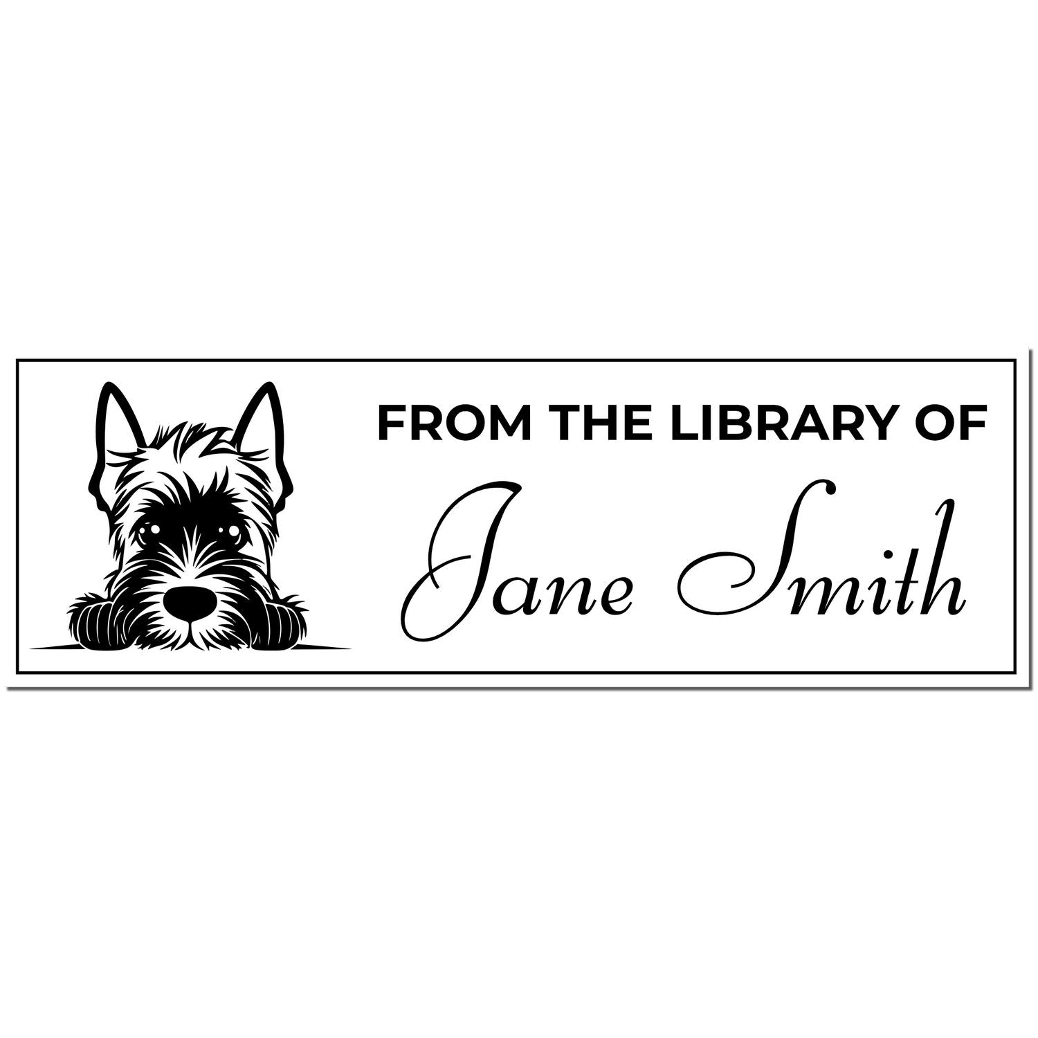 Black-and-white rectangular library stamp and seal with dog illustration and text From the Library of Jane Smith.