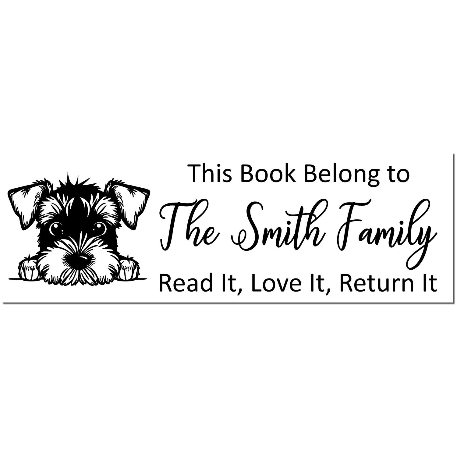 Black-and-white personalized book stamp with puppy illustration and text: This Book Belong to The Smith Family. Read It, Love It, Return It.