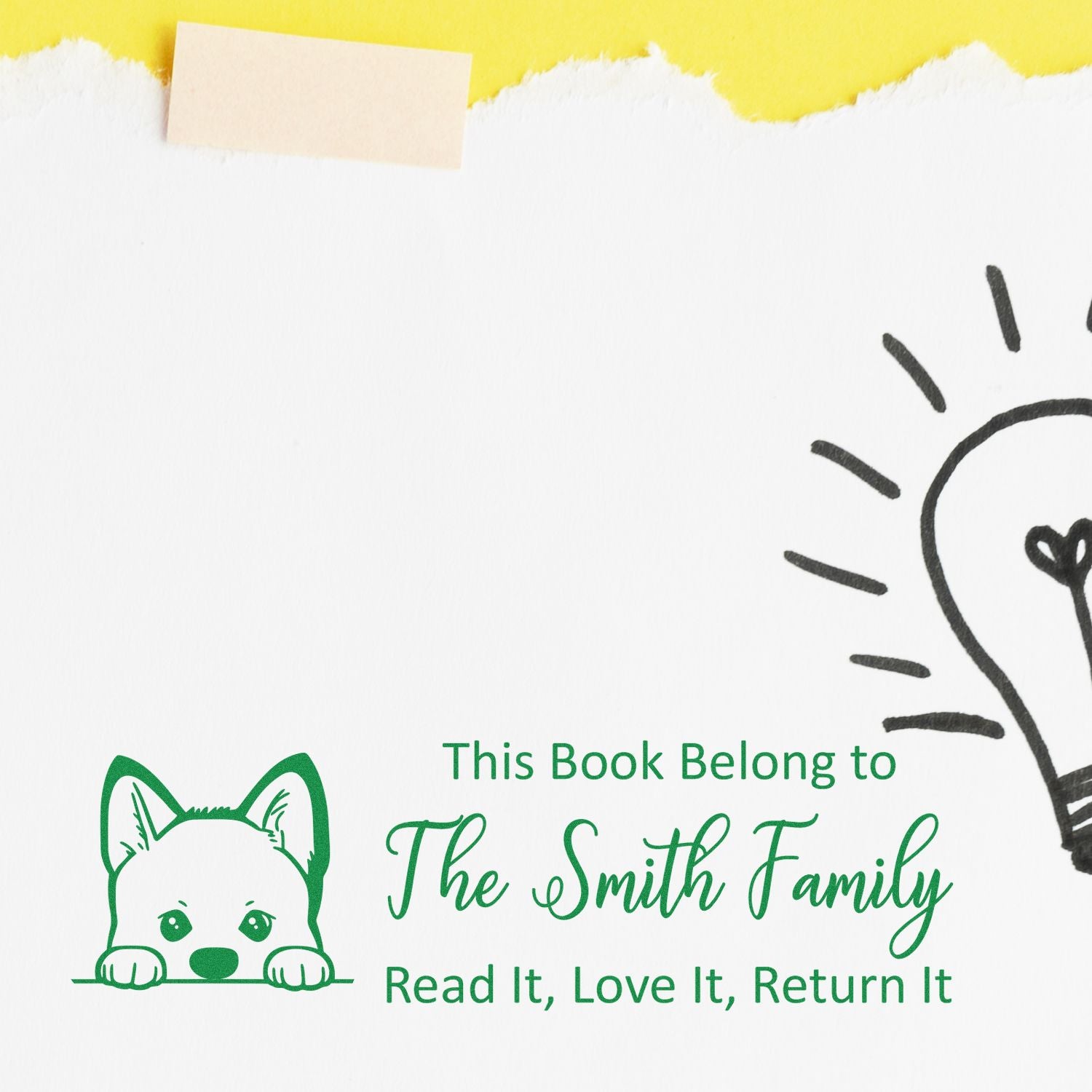 Green custom book stamp and seal with dog icon, The Smith Family, on white paper with yellow torn edge.