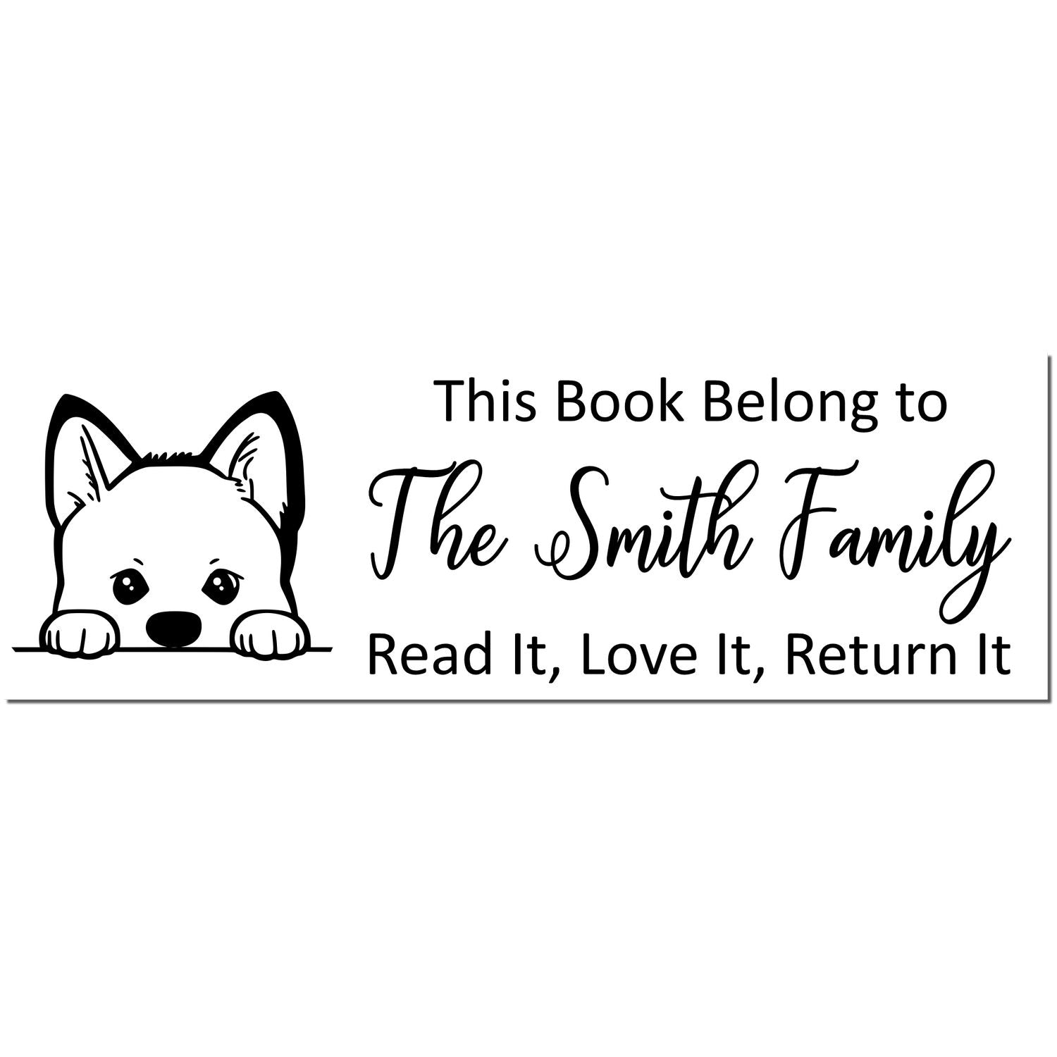 Black-and-white custom book stamp with cute dog seal, reading This Book Belong to The Smith Family, Read It, Love It, Return It.