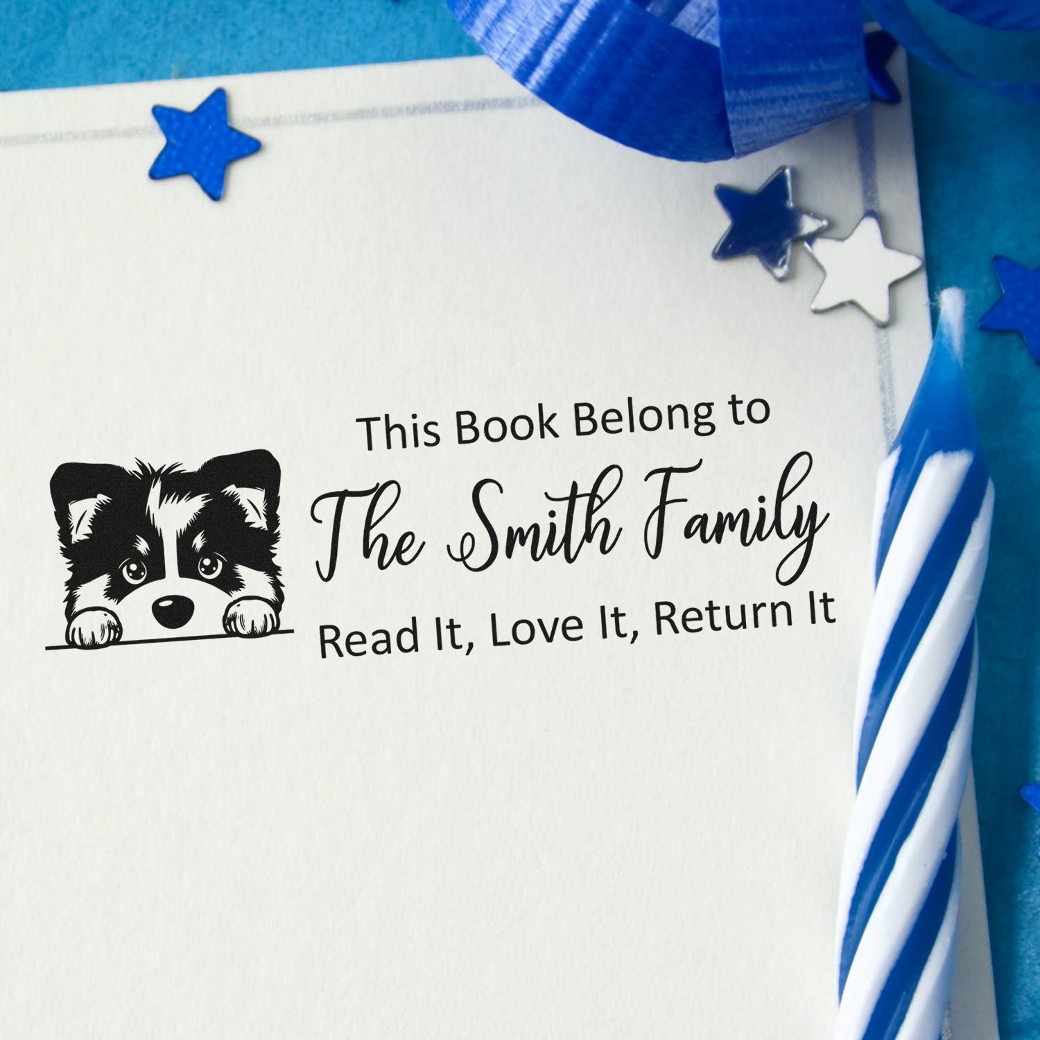 Custom black bookplate stamp with raccoon design on white paper, accented by blue star seals and ribbon for The Smith Family.