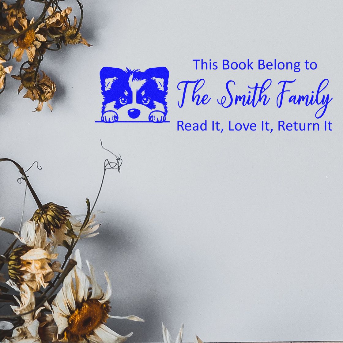 Blue custom book stamp/seal with raccoon face, The Smith Family, and Read It, Love It, Return It on white.