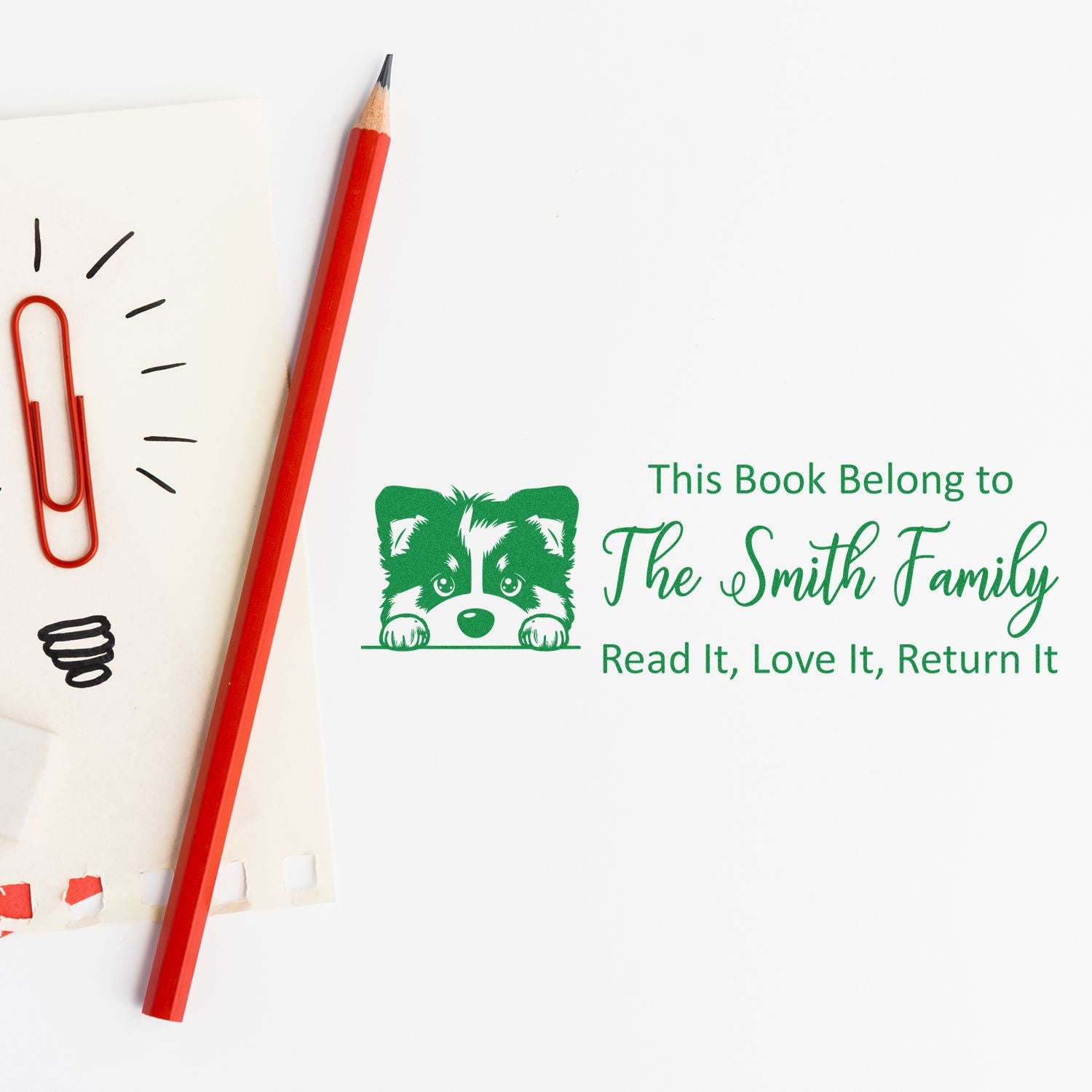 Green custom book stamp seal with raccoon logo, The Smith Family text, red pencil, and red paperclip.