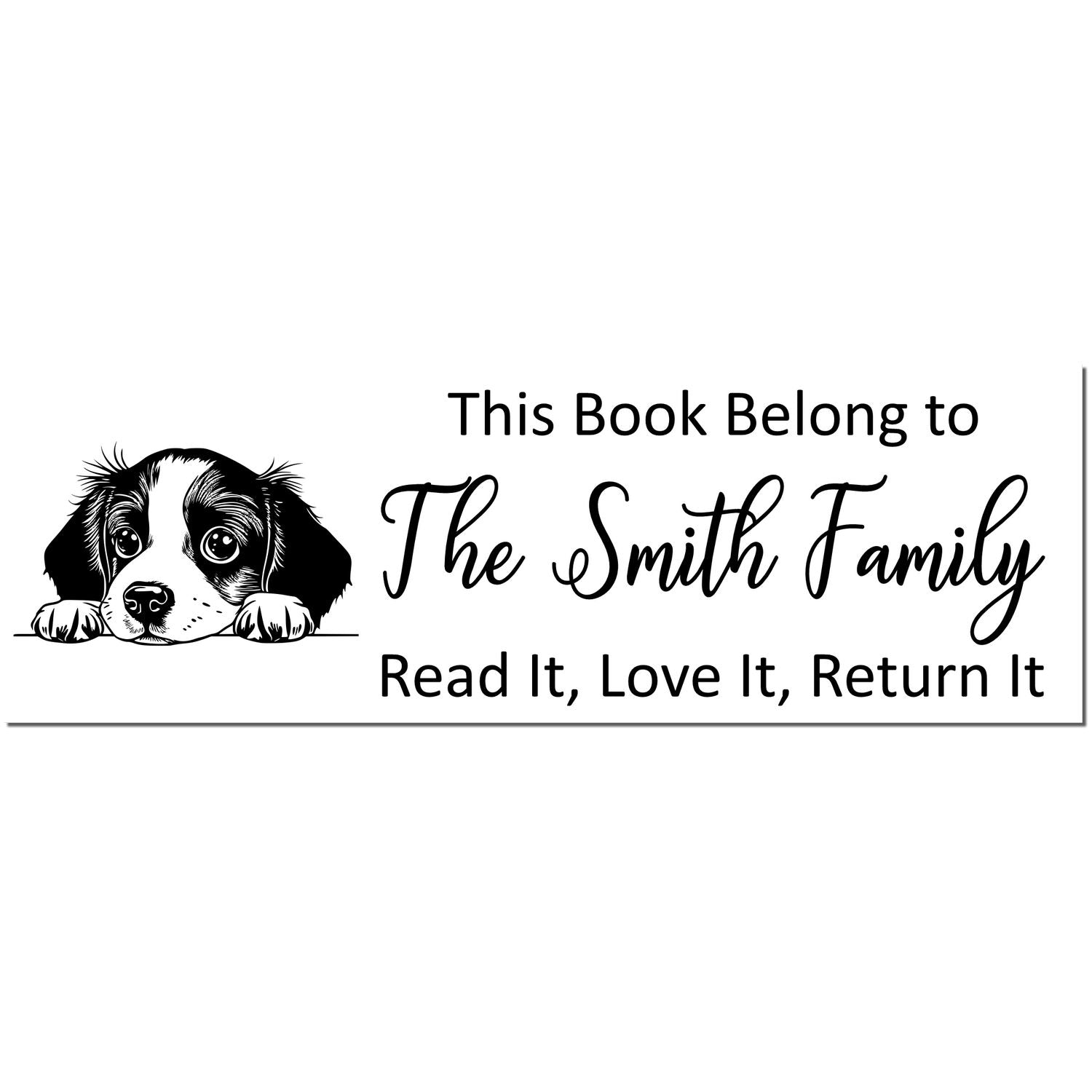 Black-and-white book stamp/seal with puppy illustration and custom text for The Smith Family: Read It, Love It, Return It.