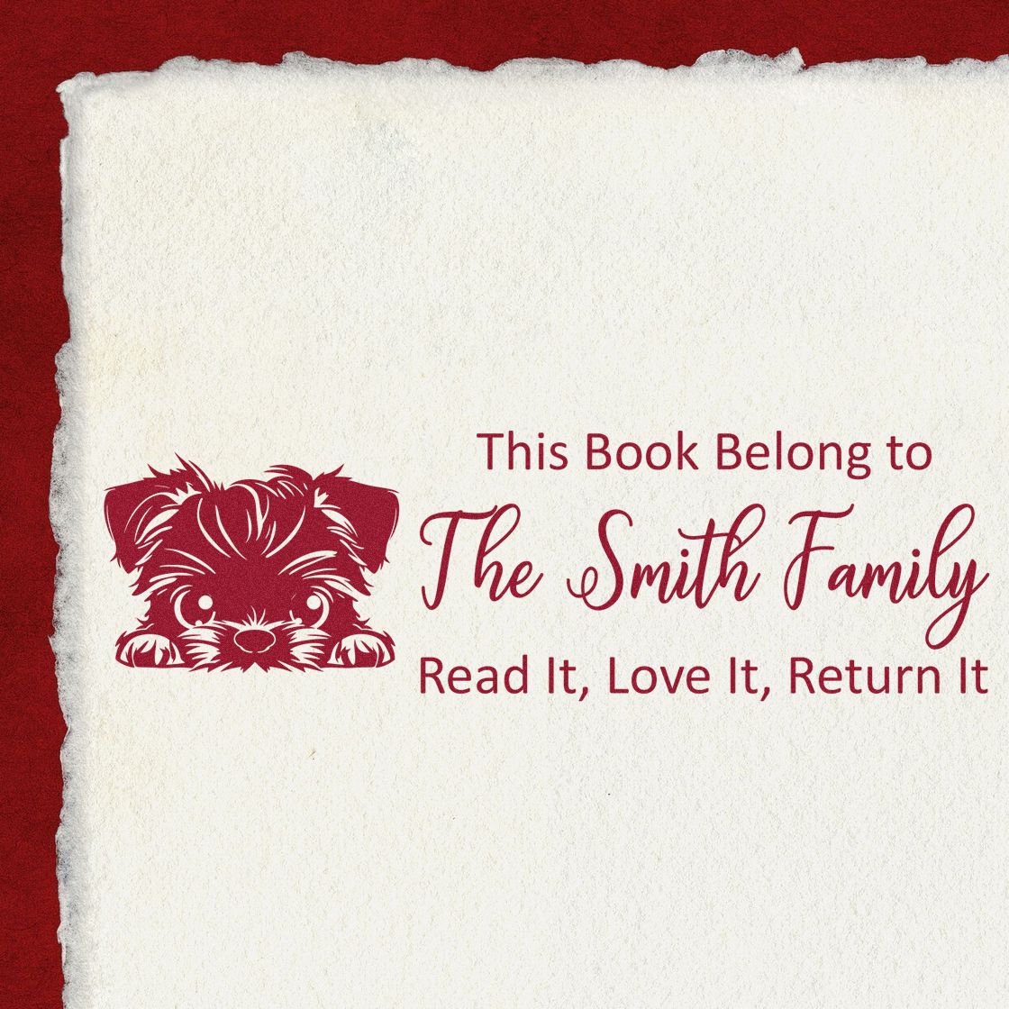 Red personalized book stamp and seal with puppy illustration on white textured paper, reading This Book Belong to The Smith Family.