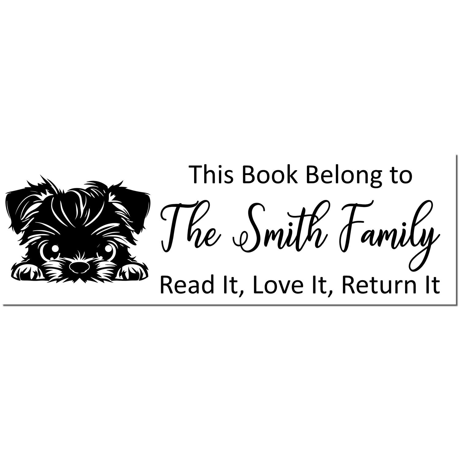 Black custom bookplate stamp with dog illustration and This Book Belong to The Smith Family text on white background