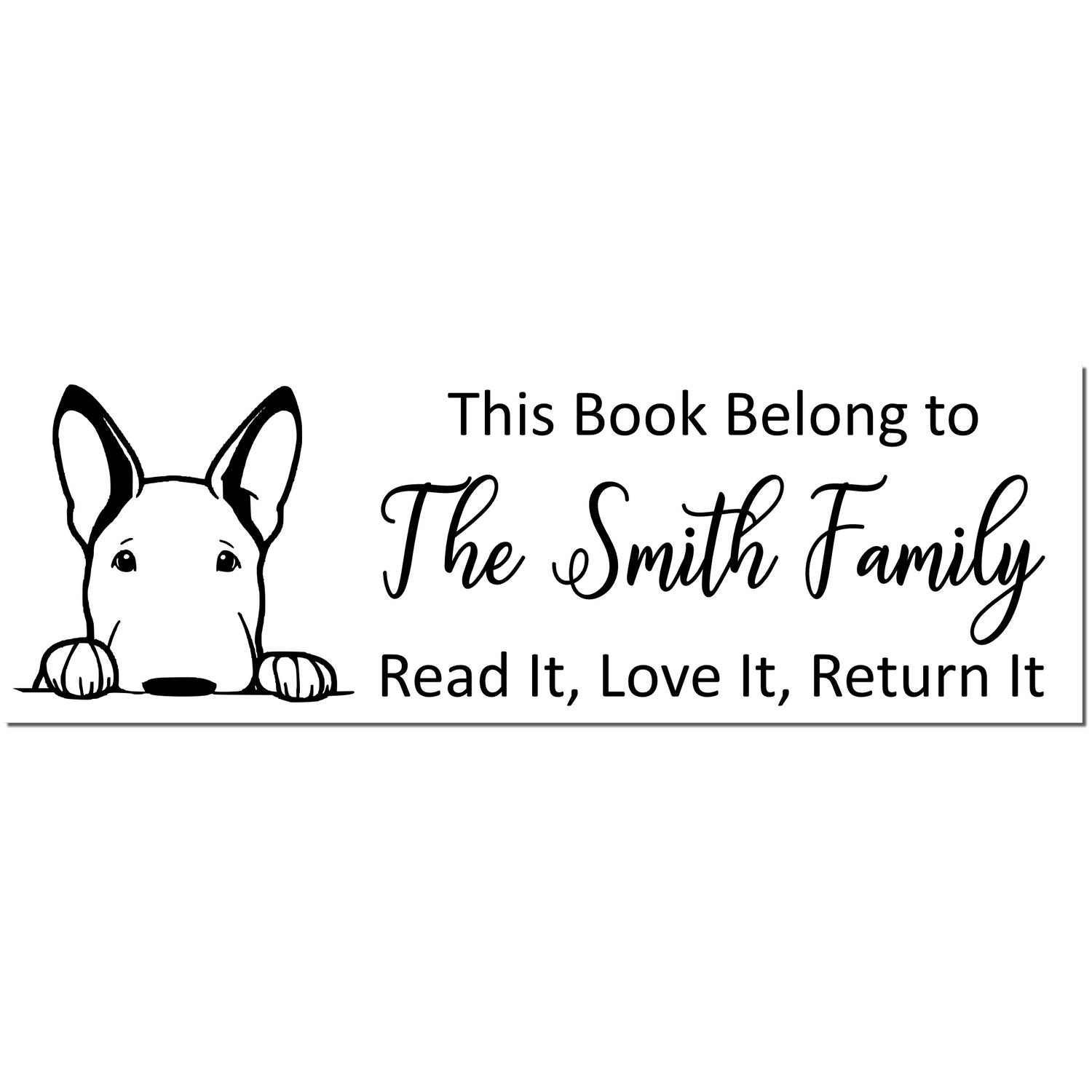 Black-and-white book stamp seal featuring a dog and text: This Book Belong to The Smith Family, Read It, Love It, Return It.