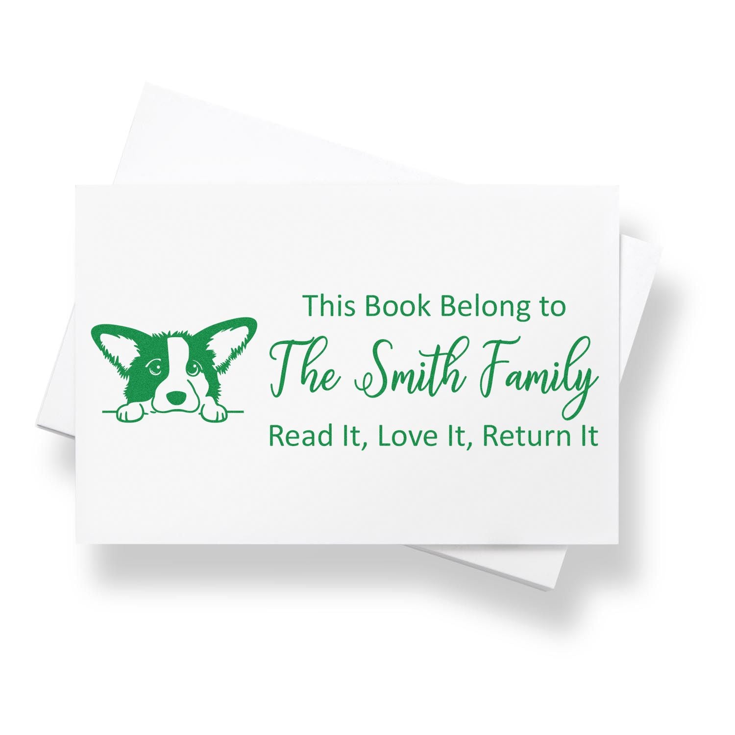 Green custom book stamp and seal with corgi, This Book Belong to The Smith Family