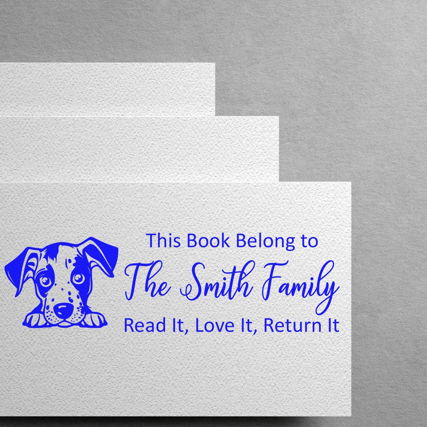 Blue custom book stamp/seal with dog illustration and This Book Belong to The Smith Family return message.