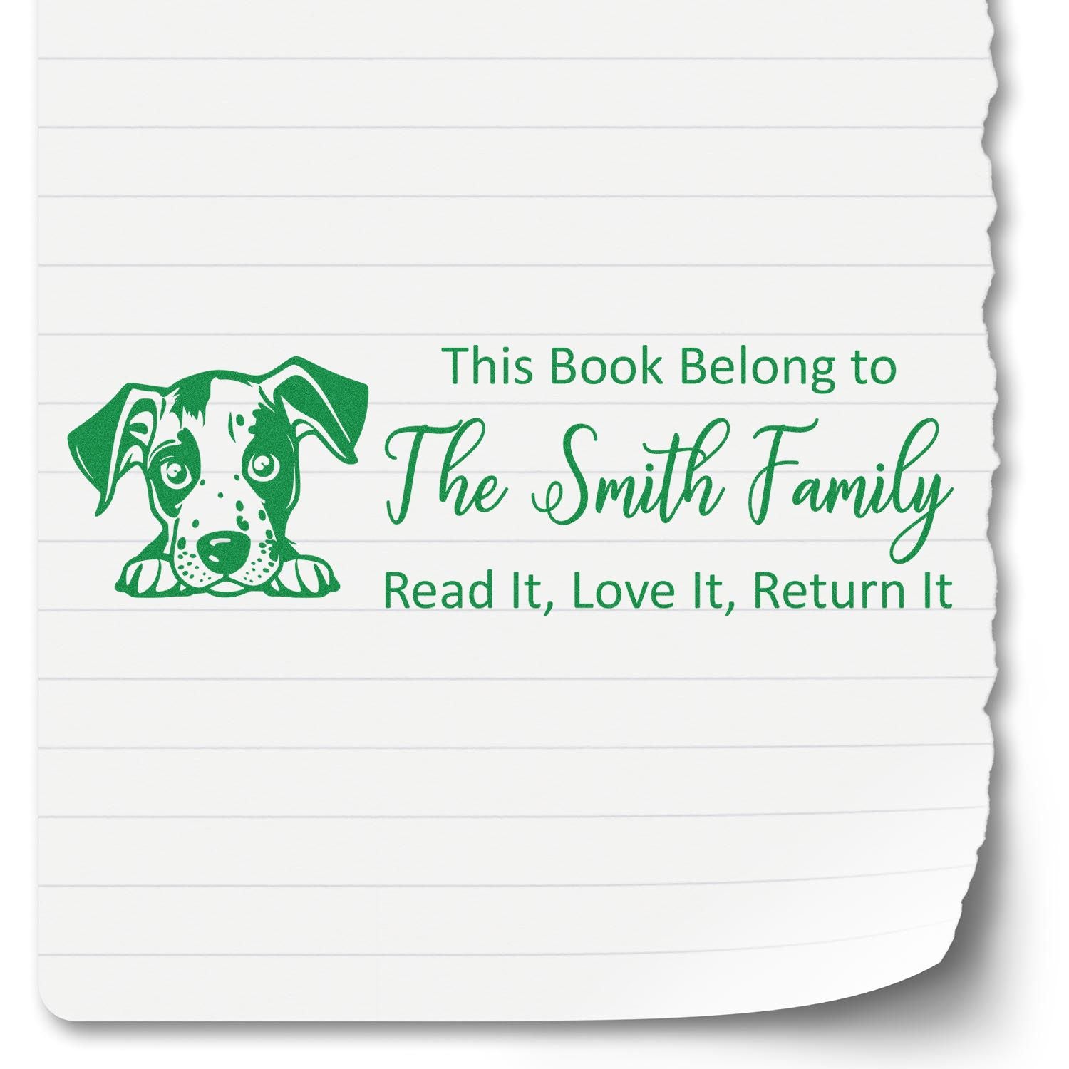 Green book ownership stamp with puppy, This Book Belong to The Smith Family and Read It, Love It, Return It on white lined paper.