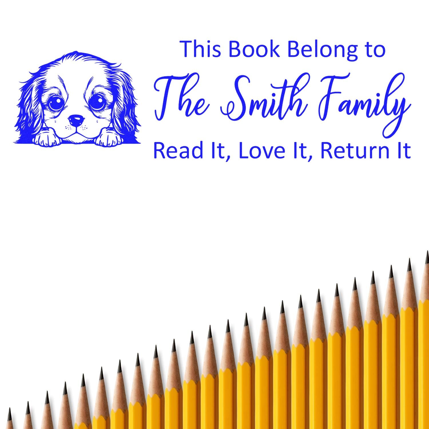 Blue personalized book stamp with puppy illustration, family name, and Read It, Love It, Return It above yellow pencils.