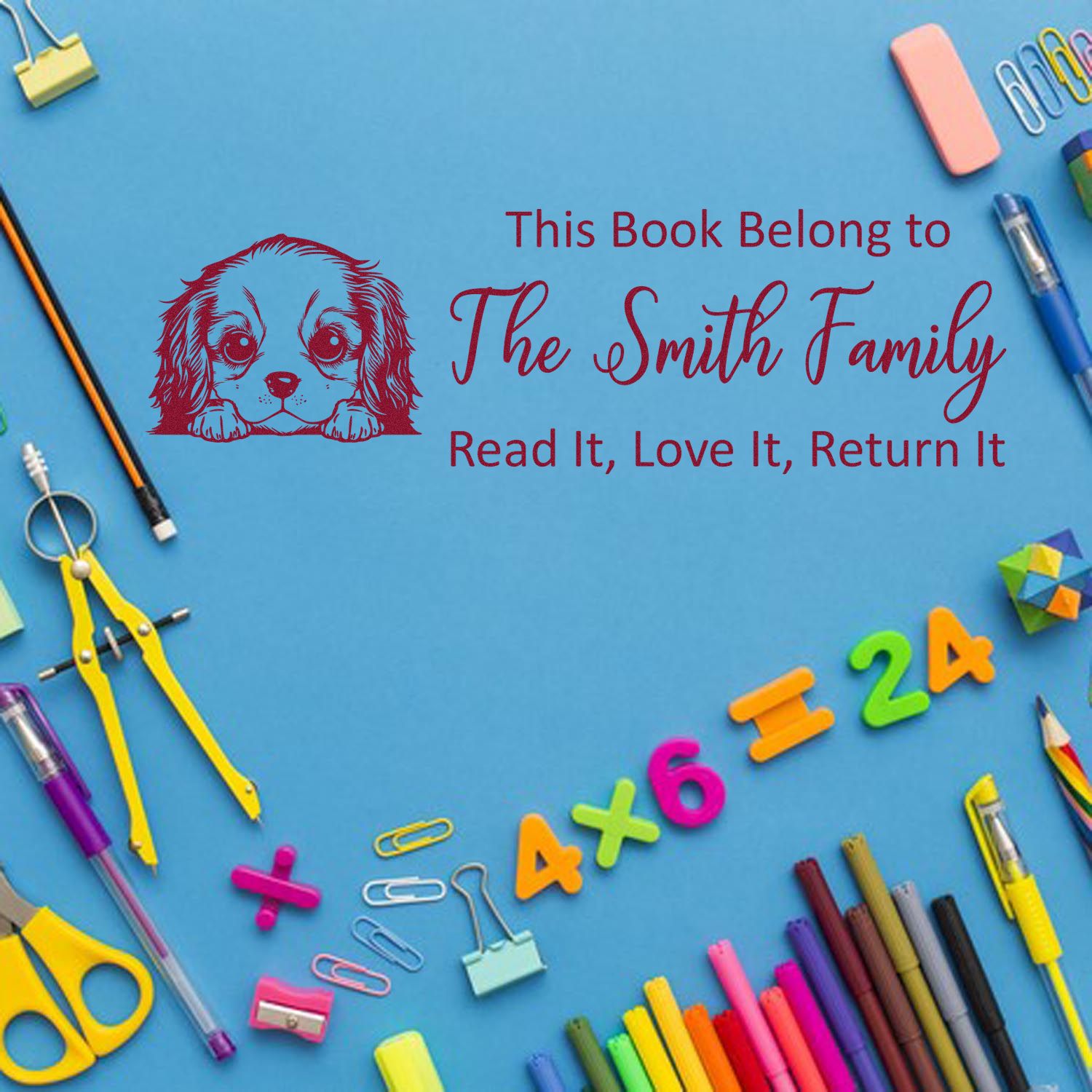 Red dog bookplate stamp and seal reading This Book Belongs to The Smith Family on blue with colorful school supplies.