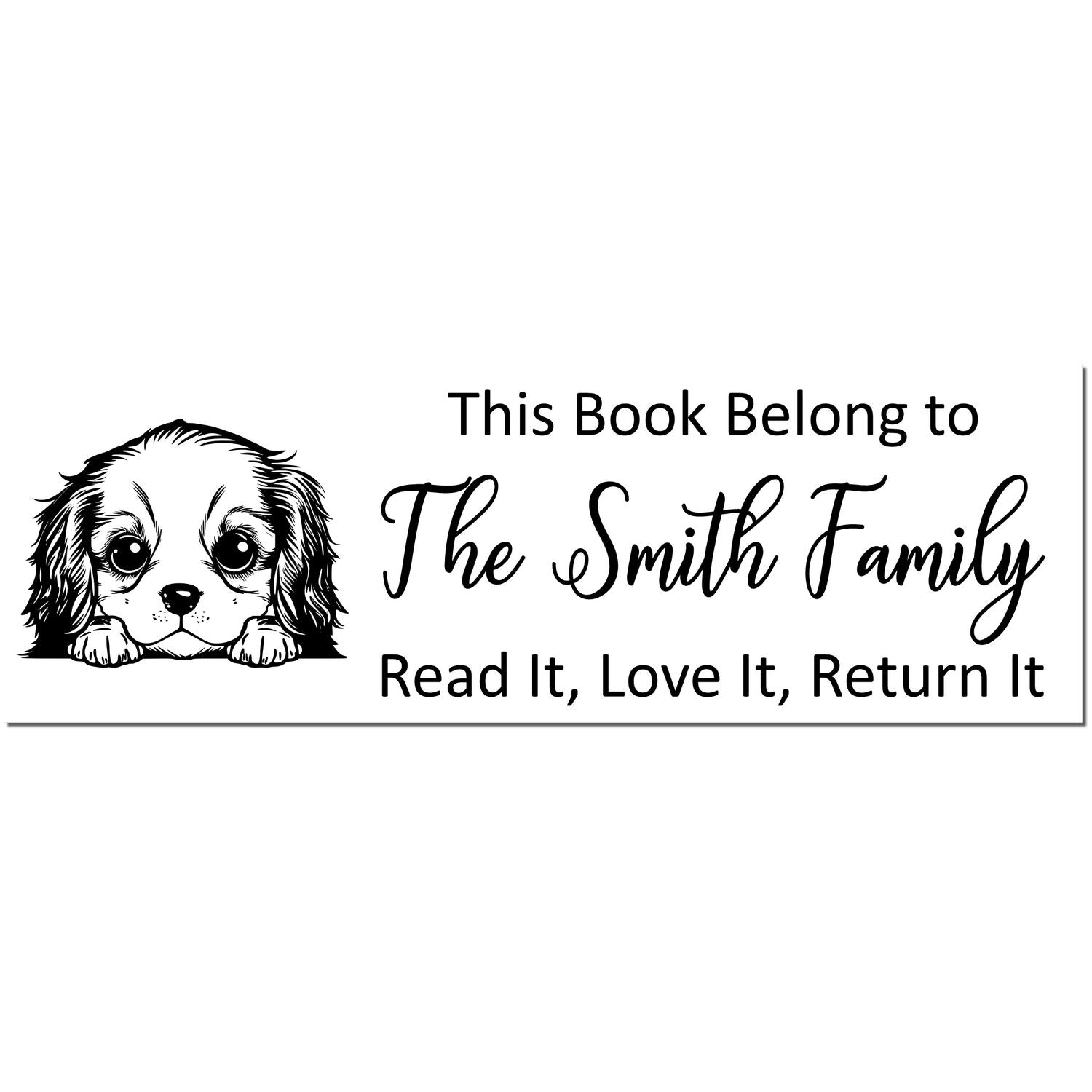 Black-and-white book stamp seal with a puppy illustration and This Book Belong to The Smith Family text.