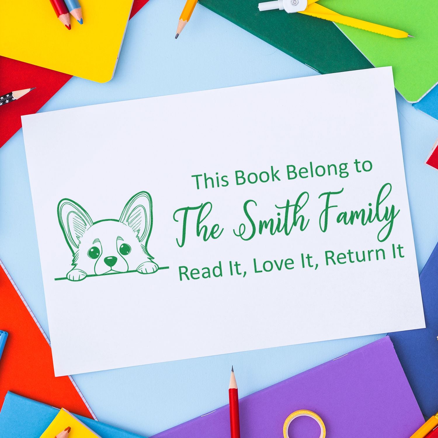 Slim Corgi Personalizable Puppy Bookplate Stamp