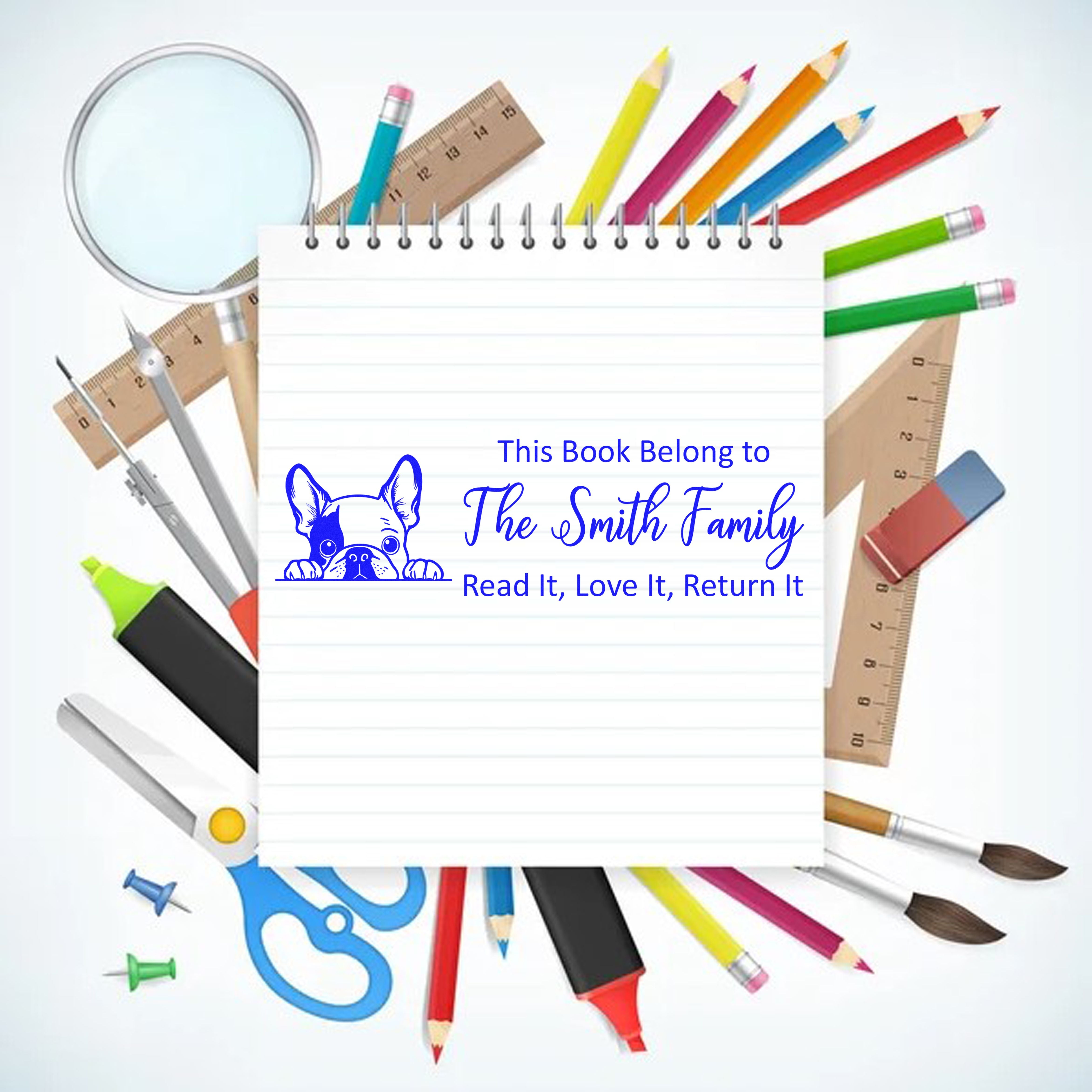 French Bulldog Custom Puppy Ex Libris Rubber Stamp - Engineer Seal Stamps