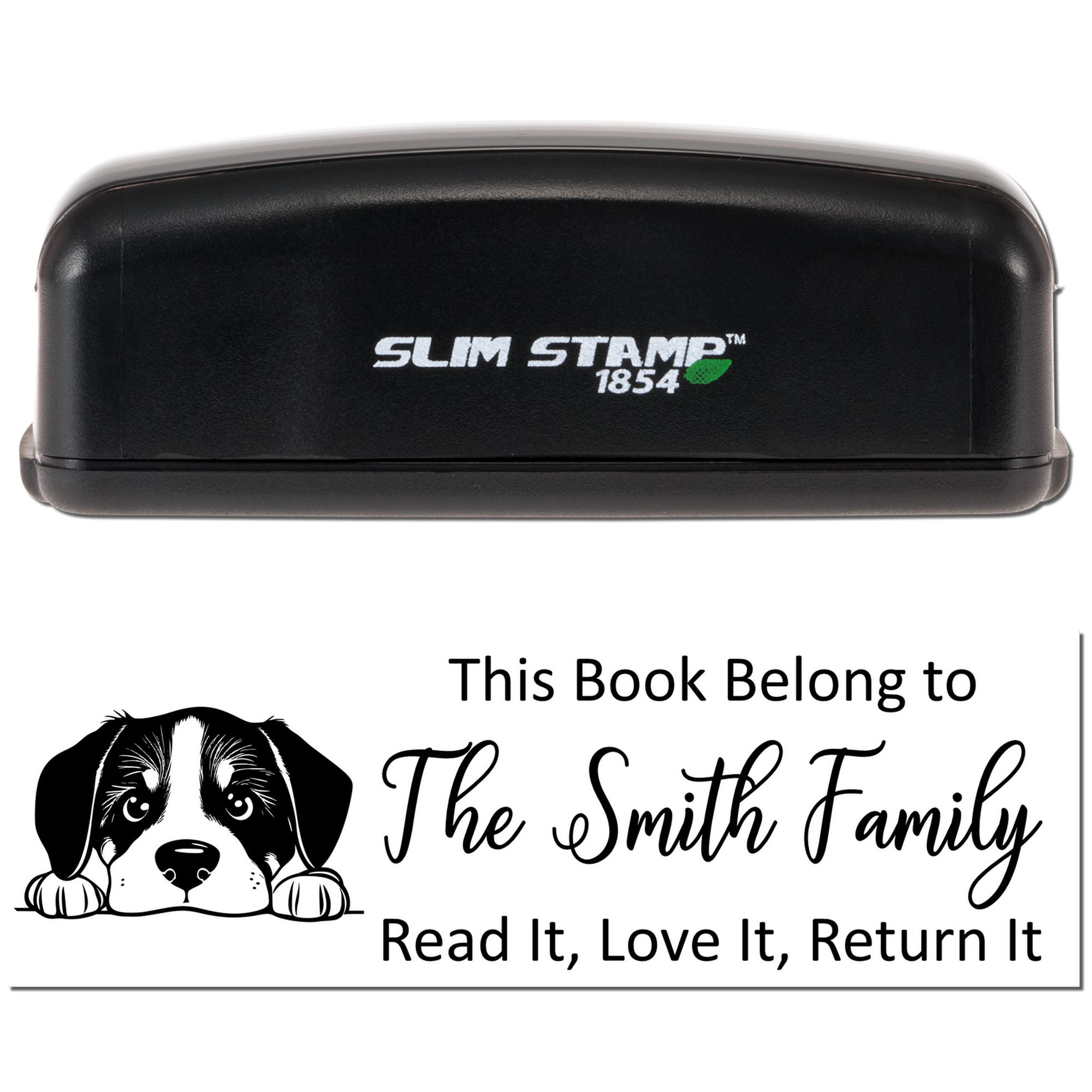 Black Trodat Slim Greater Swiss Mountain Dog custom dog stamper with detailed Greater Swiss Mountain Dog design on ink pad.