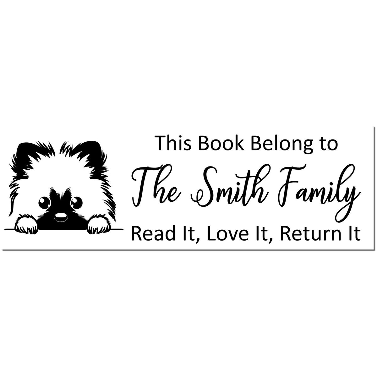 Self-inking Keeshond dog-themed library stamp by Trodat showing a detailed Keeshond dog imprint in black ink.