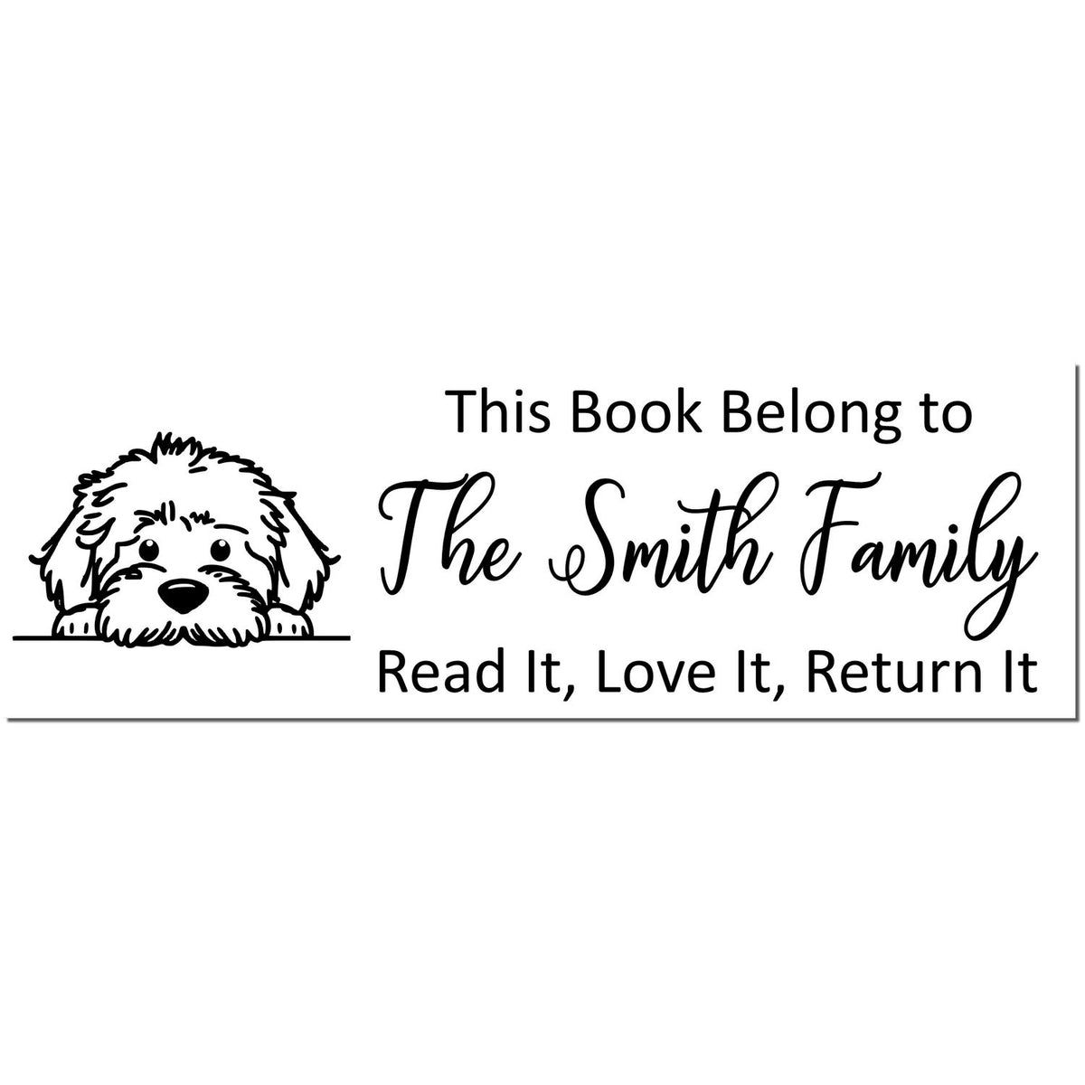 Black personalized book stamp with dog illustration and This Book Belong to The Smith Family text on white.