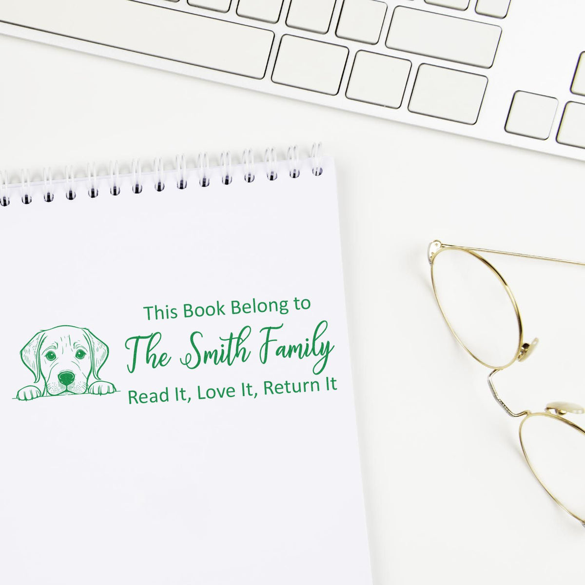 Green custom book stamp with dog seal: This Book Belongs to The Smith FamilyRead It, Love It, Return It